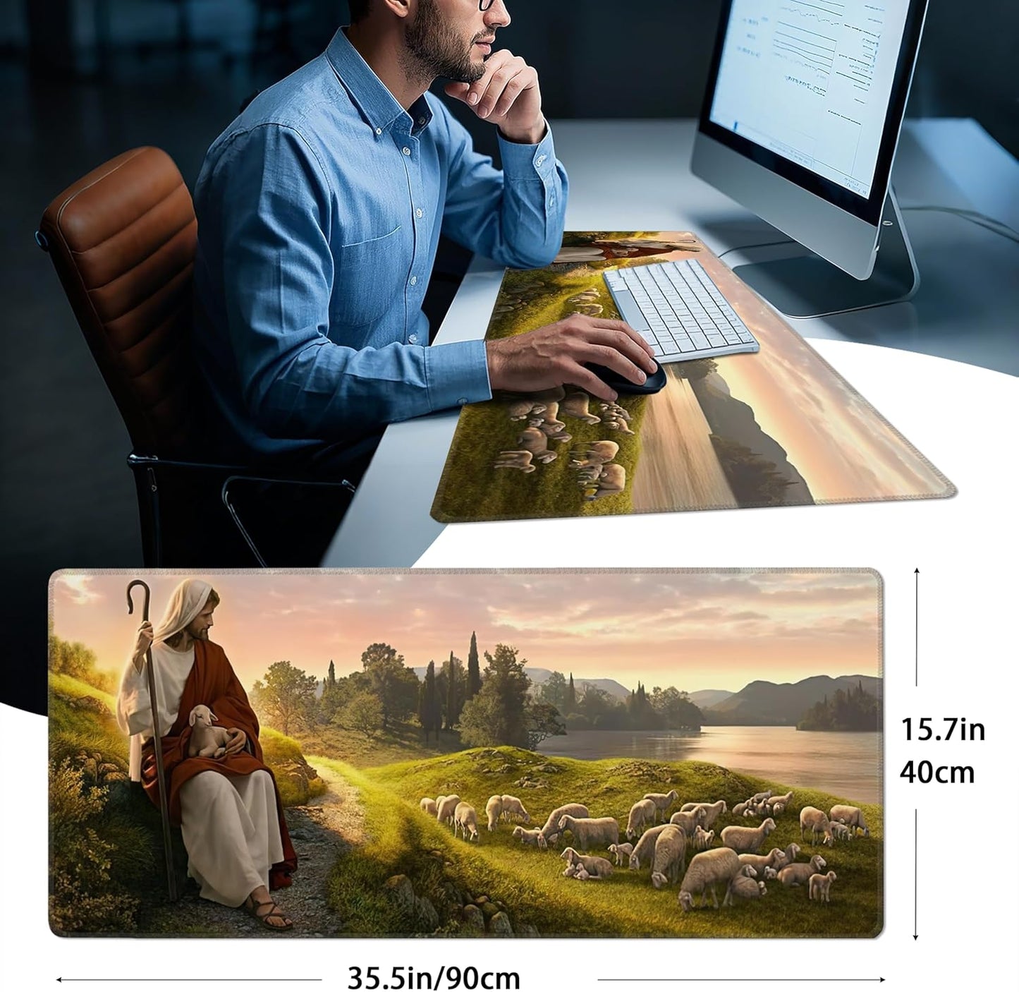 Mouse Pad with Jesus Christ Shepherd – Religious God Desk Pad – Portable Computer Mousepad – Gaming, Office, Waterproof, Non-Slip, Stitched Edges 35.5 x 15.7inches x 3mm