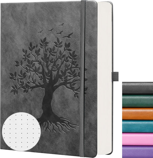 ZXHQ B5 Bullet Dotted Journal Notebook:150gsm Thick Paper, 256 Pages, Dot Grid Hardcover, Tree of Life Design, Fine Inner Pocket - 7.7" × 10" Dark Grey