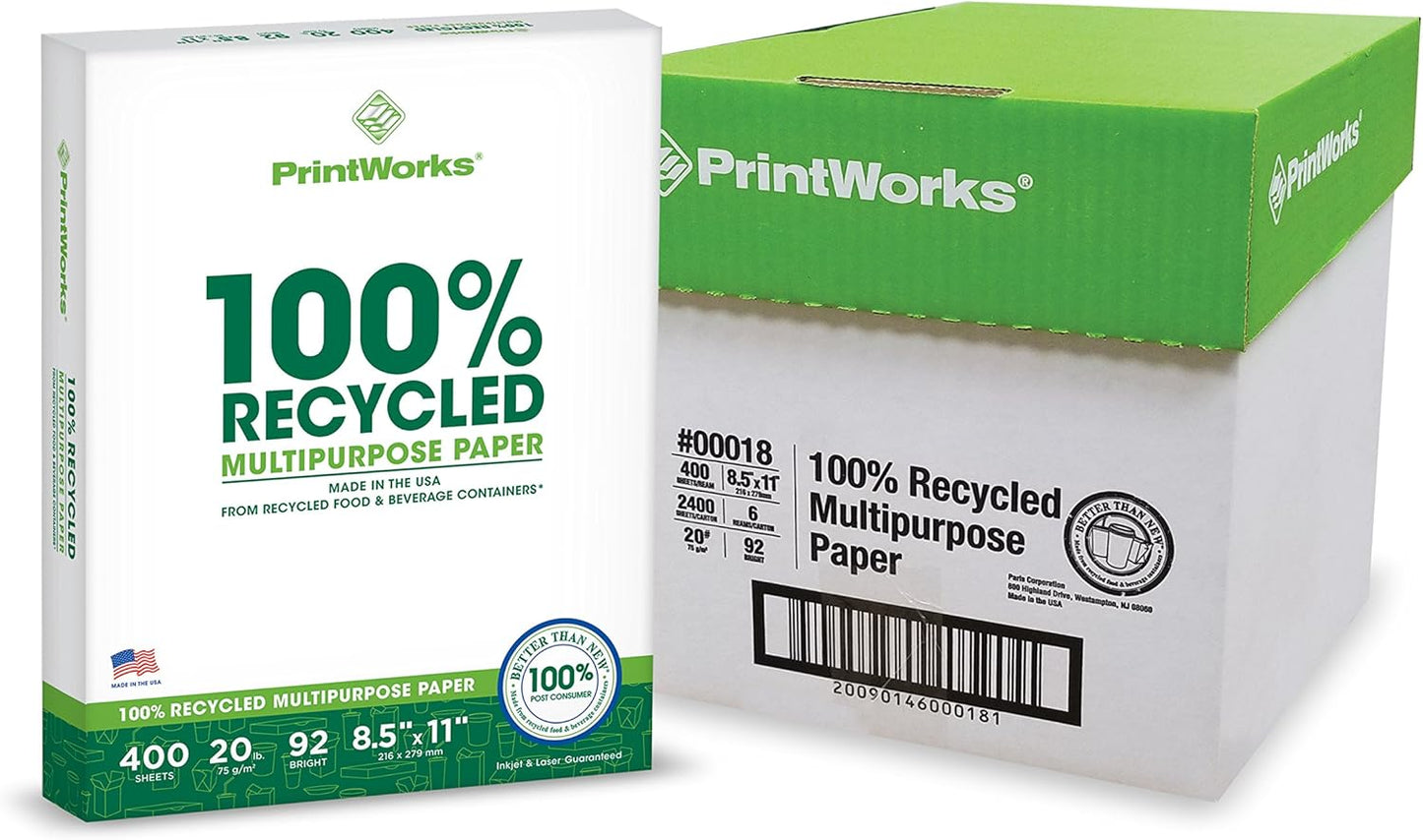 PrintWorks 100% Recycled Printer Paper 8.5" x 11" White - 20 lb Copy & Multipurpose Computer Paper - 2400 Sheets/Carton, 80 Cartons/Pallet, 192,000 Sheets - Made in the USA - 92 Bright (00018PAL)