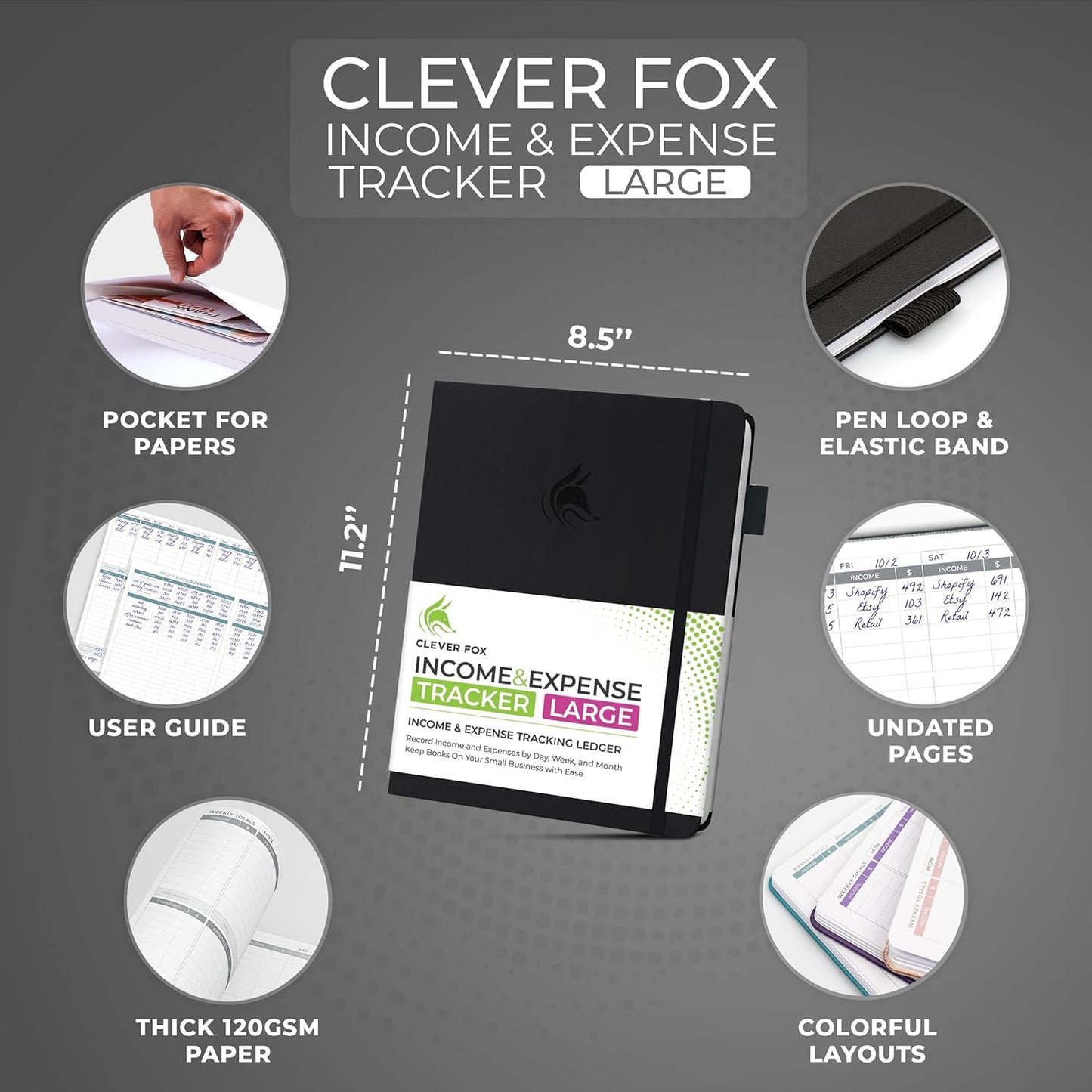 Clever Fox Income & Expense Tracker Large – Accounting & Bookkeeping Ledger Book for Small Business – 2-Year Record Notebook, A4 (Black)
