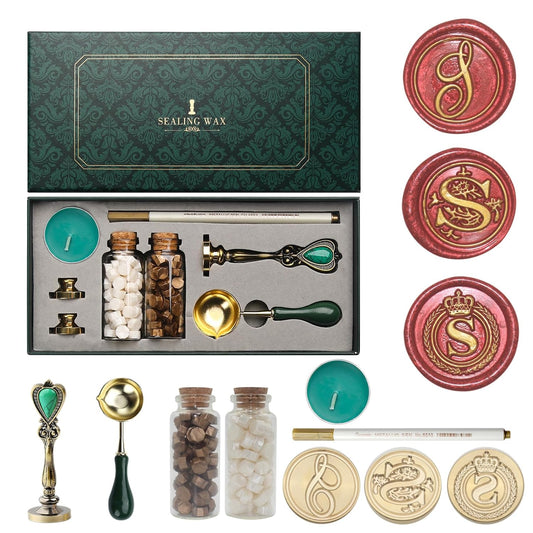 Letter Wax Seal Stamp Kit, Andotopee Wax Seal Kit Initial Alphabet S Sealing Wax Stamp Head 3pcs, Vintage Wax Stamp Seal Kit with Wax Seal Beads, Wax Seal Warmer Tools, Wax Seal Pen, Gift Box Set