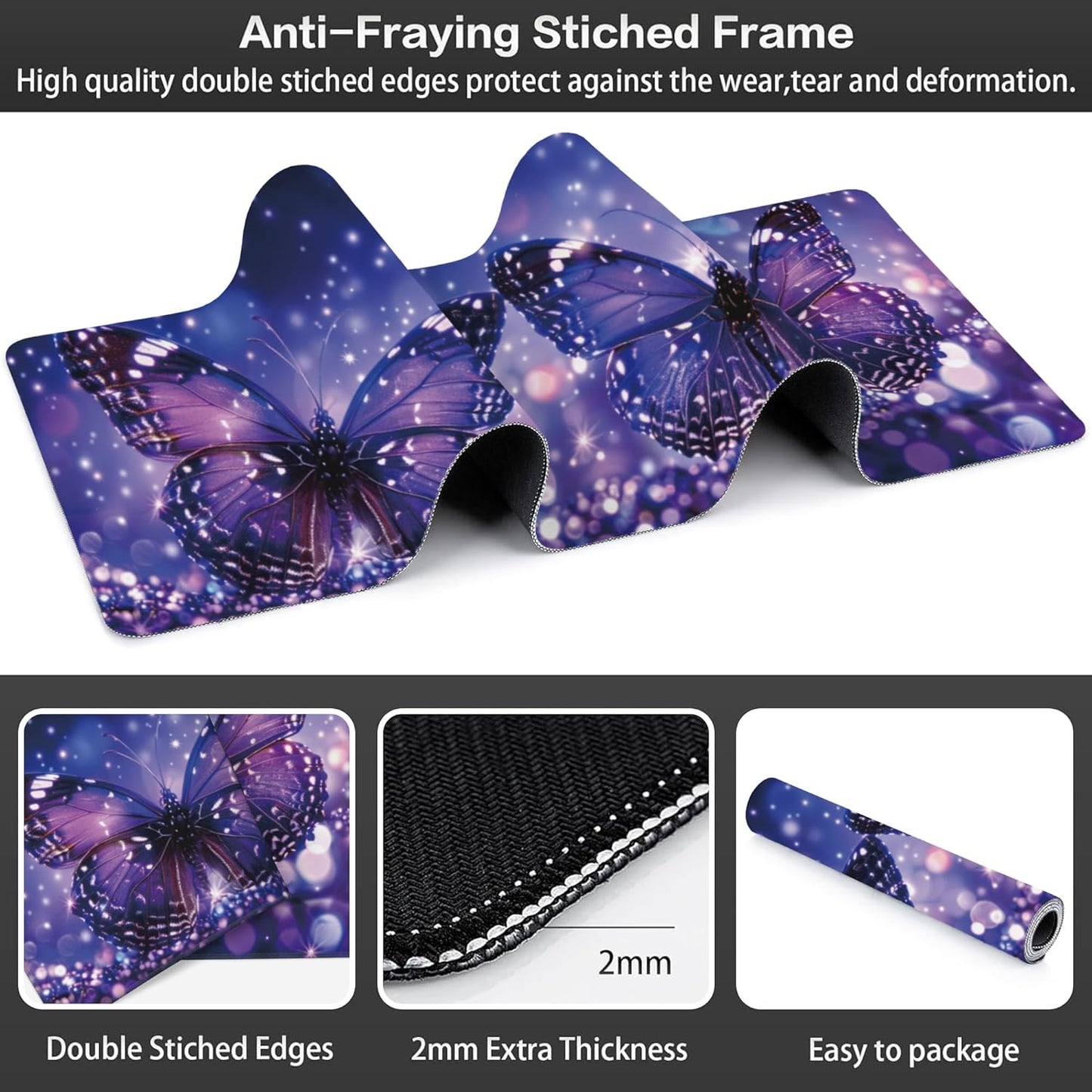 Extended Large Gaming Mouse Pad, Sparkling Purple Butterflies Large Desk Mat for Desktop, Non-Slip Rubber Base Stitched Edges Long Computer Keyboard Desk Pad Mouse Mat for Home Office 35.4"X15.7"