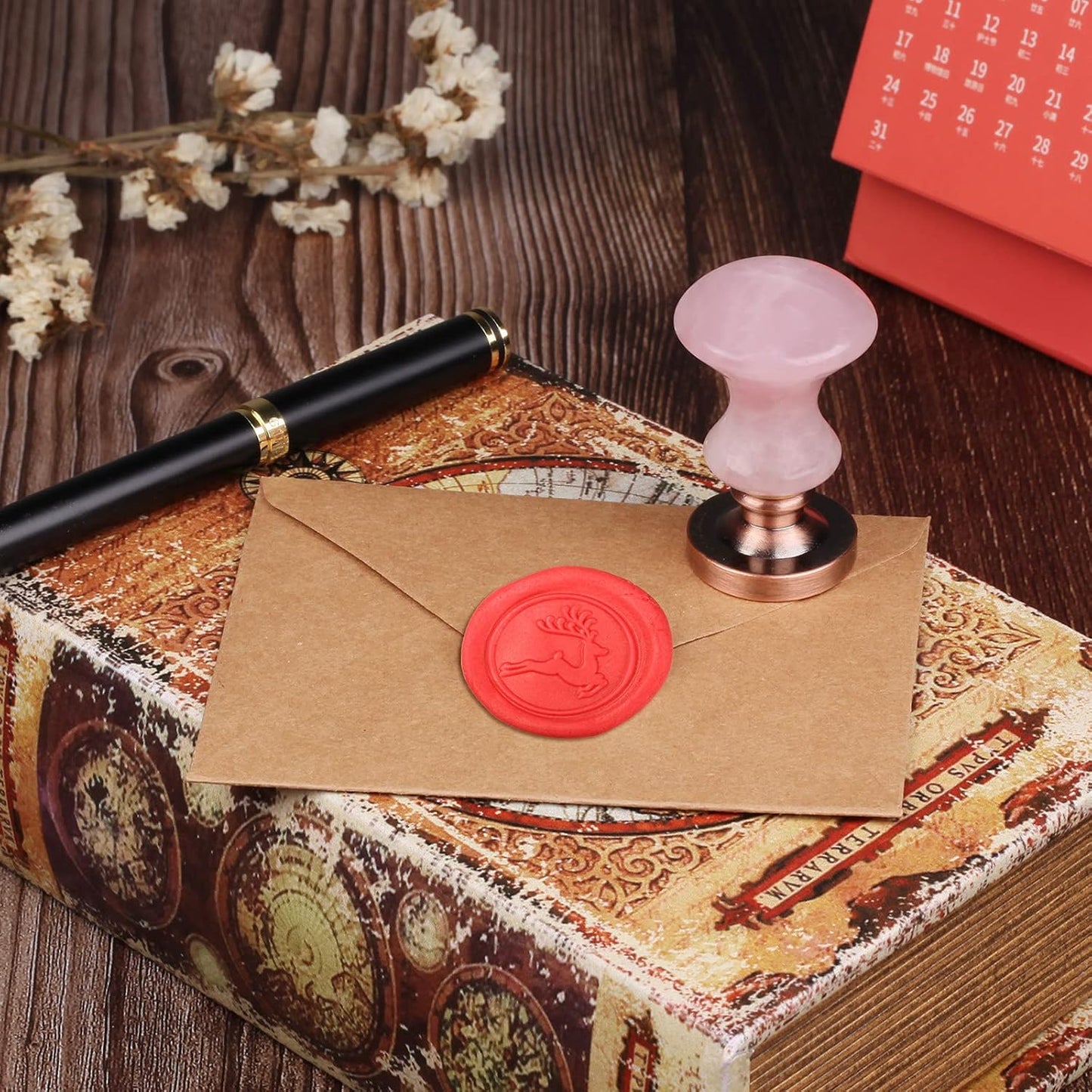 Rockcloud Wax Seal Stamps, 4 Pieces Copper Seals with Rose Quartz Handle, Christmas Theme, Pink