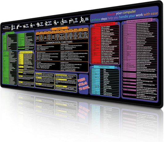 Mouse Pad with Excel, Word, Shortcuts – Excel Cheat Sheet Desk Pad – Portable Computer Mousepad – Gaming, Office, Waterproof, Non-Slip, Stitched Edges 31.5 x 11.8inches x 3mm