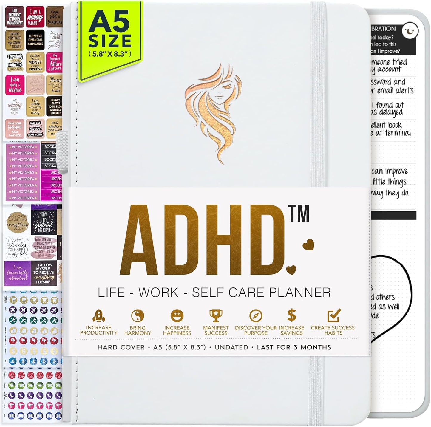 ADHD - A Self Care Personal Gratitude Journal to Increase Productivity and Success in Life & Work, Weekly & Monthly Undated Planner for Women and Men, Vision Board & Organizer + Stickers