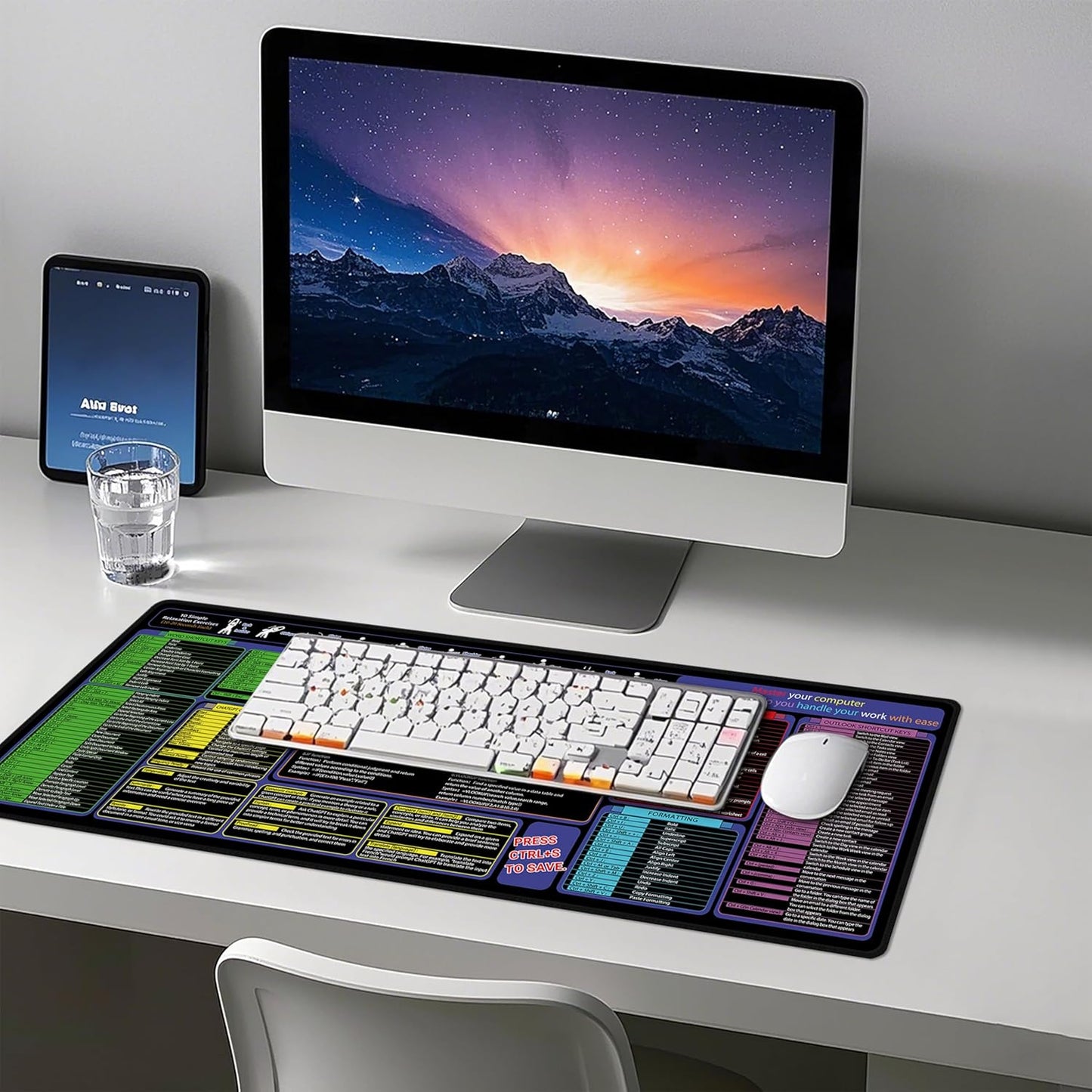 Mouse Pad with Excel, Word, Shortcuts – Excel Cheat Sheet Desk Pad – Portable Computer Mousepad – Gaming, Office, Waterproof, Non-Slip, Stitched Edges 31.5 x 11.8inches x 3mm