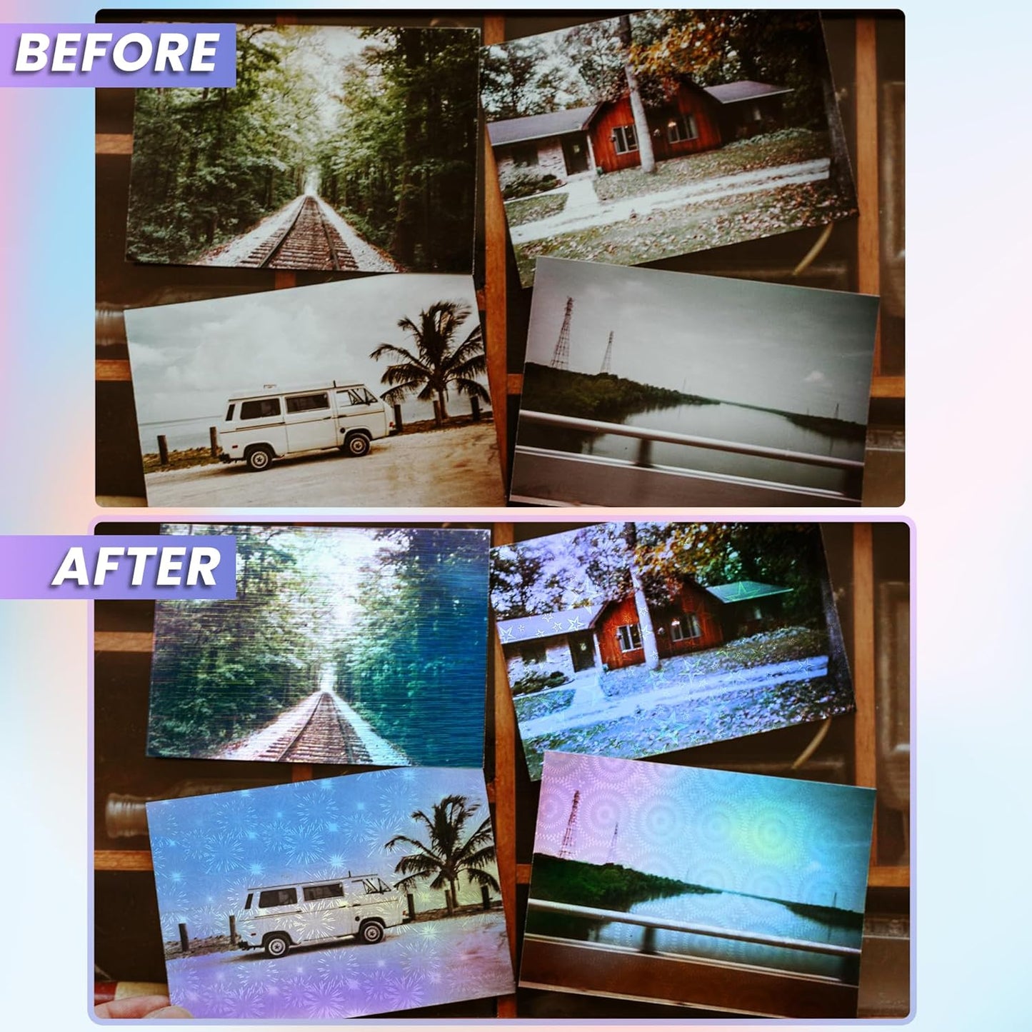 SANZIX 36 Transparent Holographic Laminate Sheets - A4 Waterproof Self Adhesive Sticker Paper Laminating Sheets & Vinyl Sticker Paper (Flower, Butterfly, Small & Big Hearts)