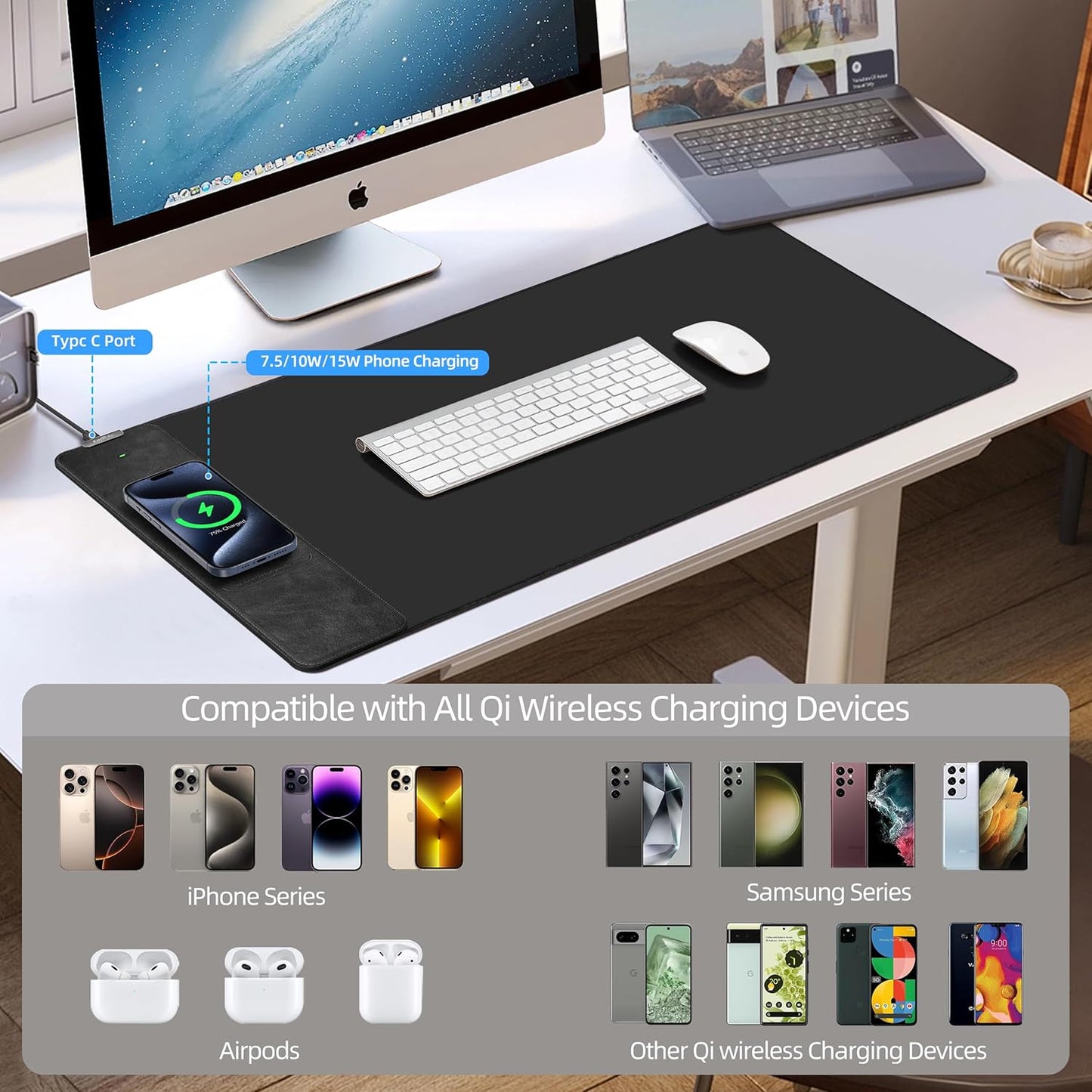 Wireless Charging Mouse Pad, Gaming Mouse Pad with Ultra-Smooth Surface, 31.5”x15.75” Large Desk Mat, Non-Slip Rubber Base, Waterproof Computer Keyboard Pad for Gaming, MacBook, Laptop, Desk