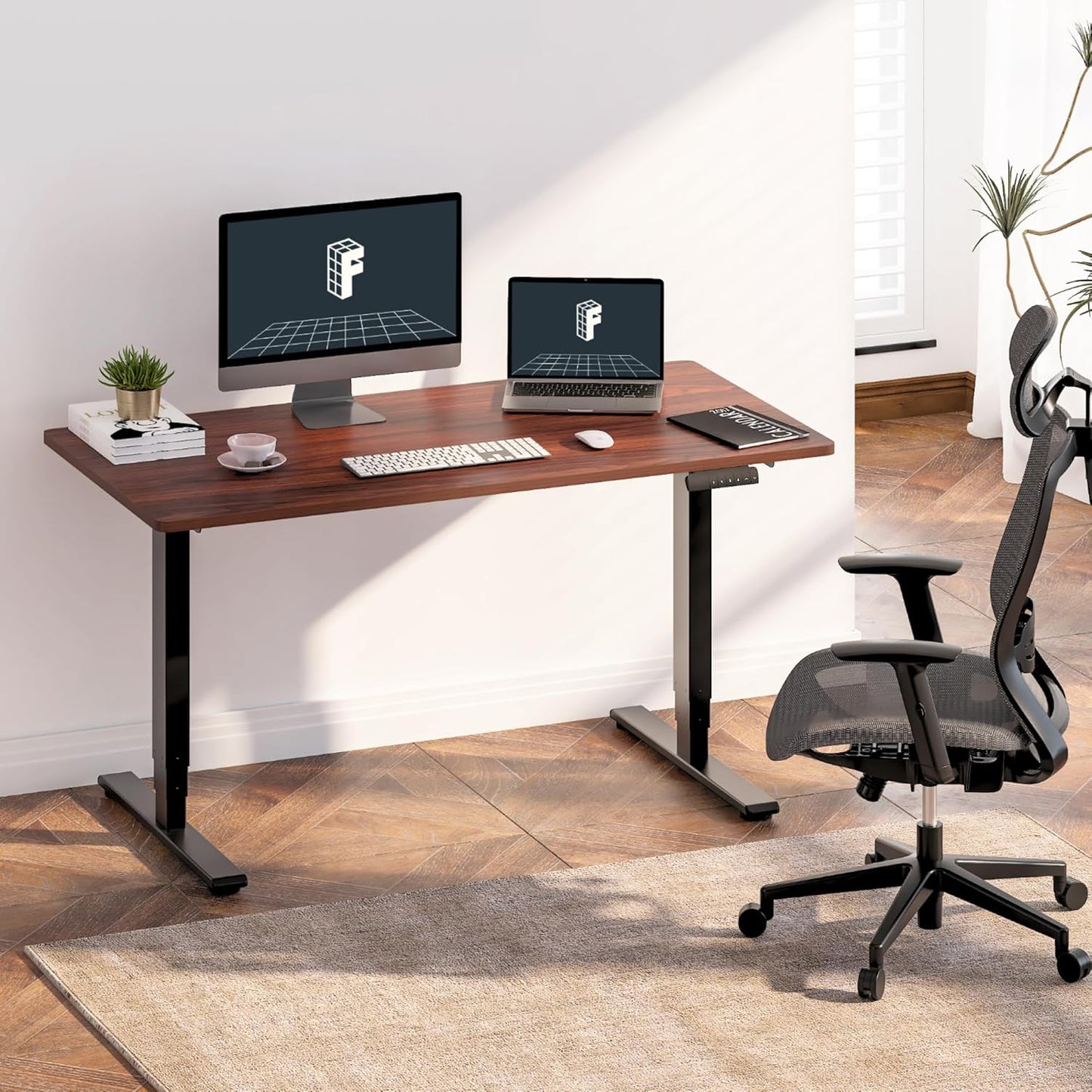 FLEXISPOT E6 Essential 3 Stages Dual Motor Electric Standing Desk 48x24 Inch Whole-Piece Board Height Adjustable Desk Electric Sit Stand Desk(Black Frame + Mahogany Desktop, 2 Packages)