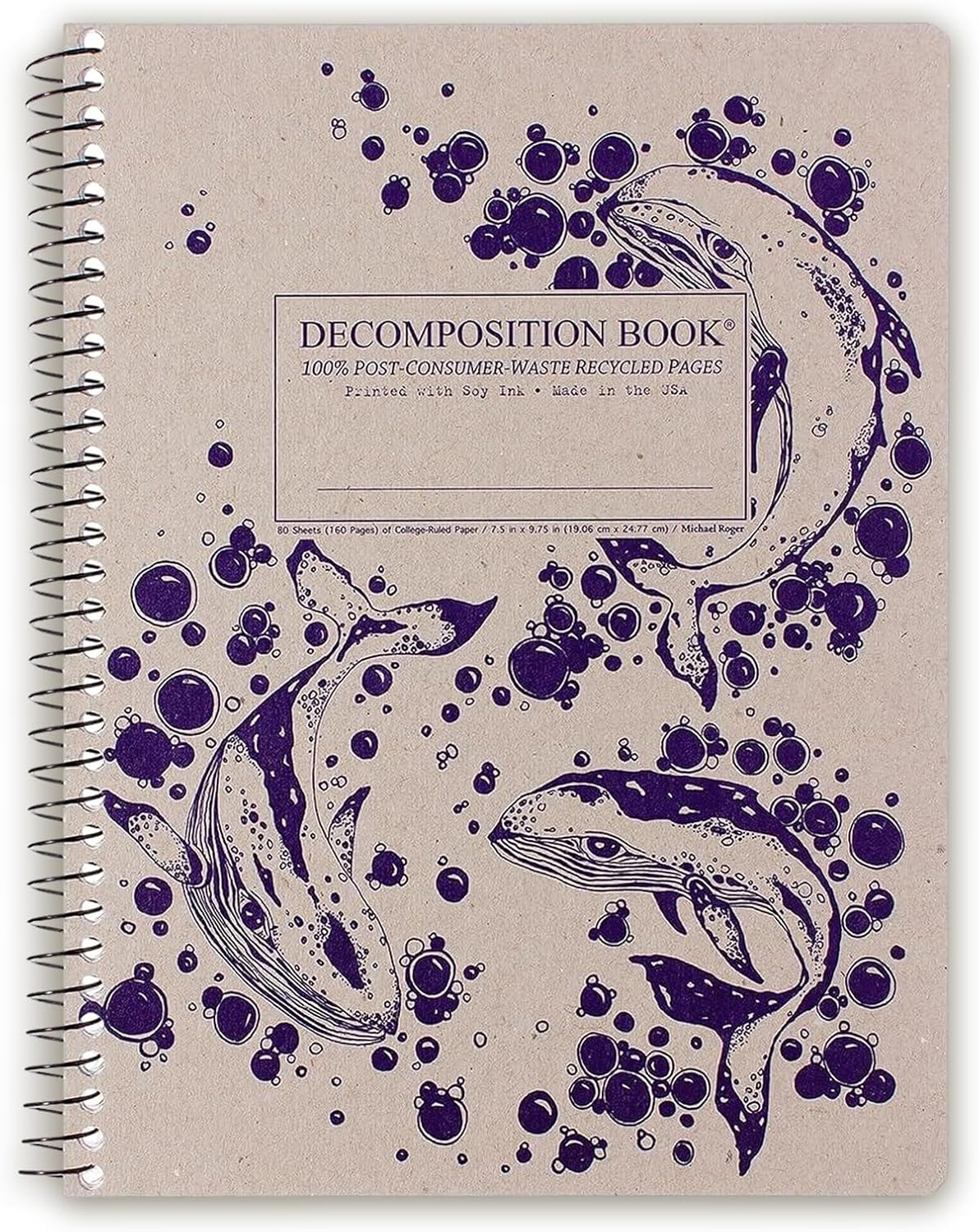 Decomposition Humpback Whales College Ruled Spiral Notebook - 9.75 x 7.5 Journal with 160 Lined Pages - 100% Recycled Paper - Cute Notebooks for School Supplies, Home & Office - Made in USA