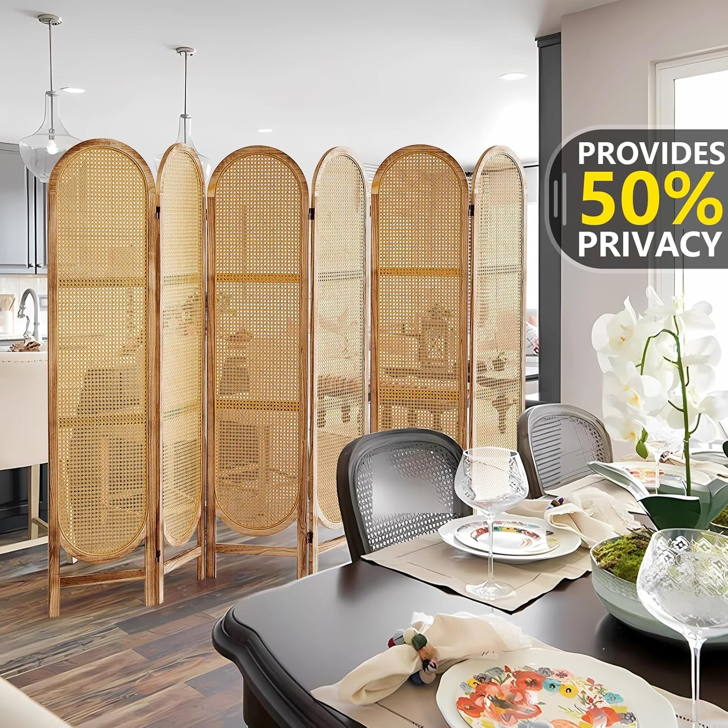 6 Panel Room Divider, 5.6 Ft Foldable Wood Room Divider Screen, Hand-Woven Rattan Folding Privacy Screens with Double Hinges, Wall Divider for Room Separation Bedroom Home Office - Natural