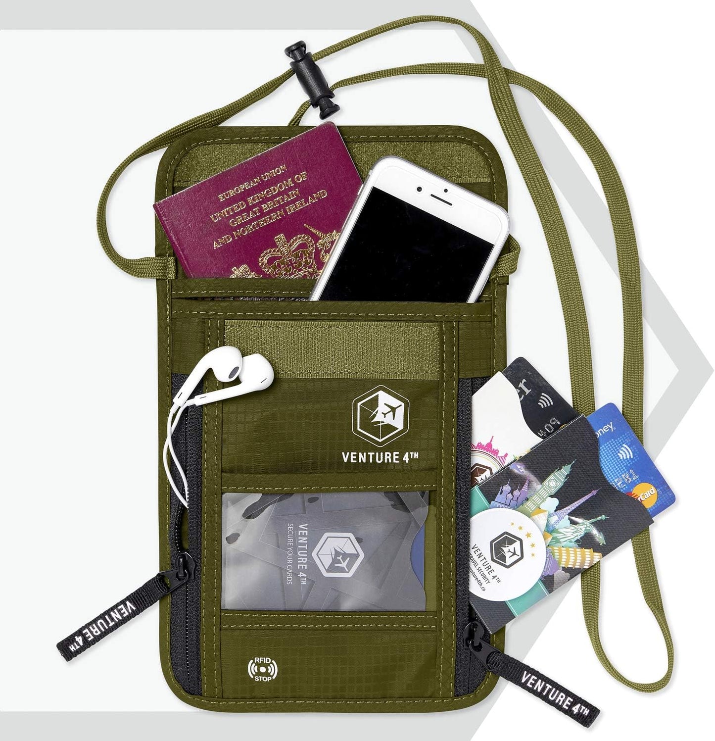 VENTURE 4TH Passport Holder Neck Wallet with RFID Blocking Nylon Lining - Hidden Neck Pouch for Travel (Green)