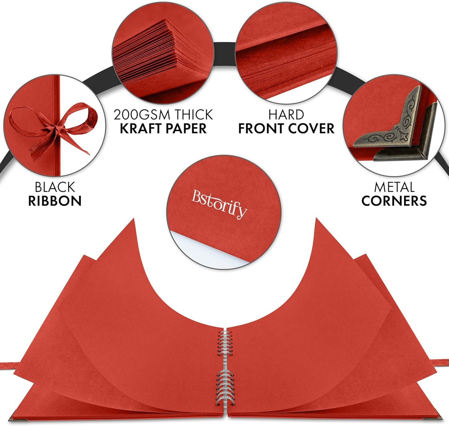 Bstorify 10 x 10 Inches Scrapbook Album 70 Pages Red Thick Kraft Paper Corner Protectors, Ribbon Closure - Ideal for Your Scrapbooking, Art & Craft Projects (Red, 10 x 10 Inch)