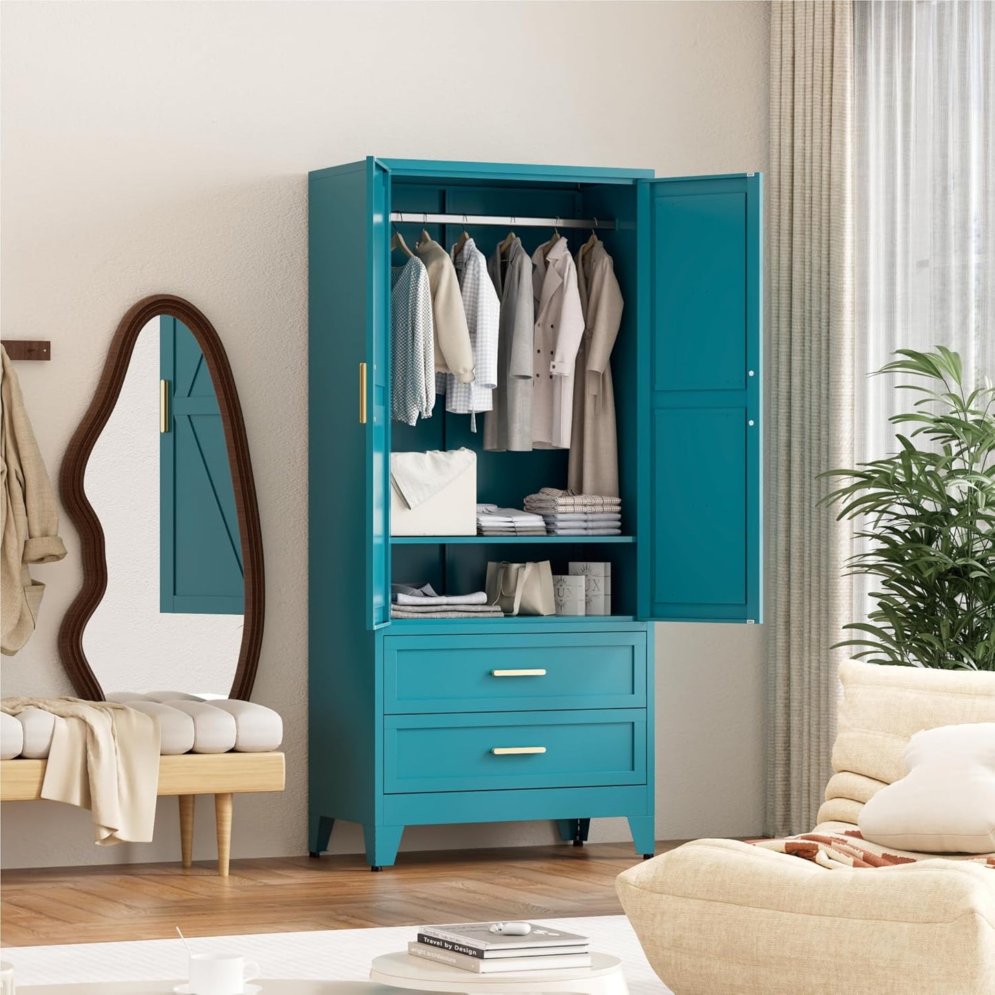 71'' Farmhouse Metal Wardrobe Cabinet with Hanging Rod, 2 Barn Door Wardrobe Closet with Adjustable Shelves,2 Drawer,for Dining Room,Bedroom,Living Room, Cloak Room,Office (Peacock Blue)