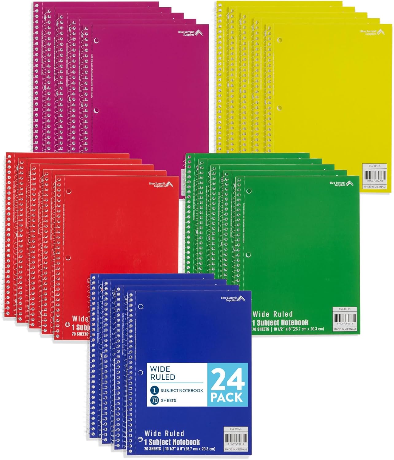 Blue Summit Wide Ruled Spiral Notebooks Bulk, 1 Subject Spiral Notebook Wide Ruled, Paper School Bulk Notebooks, 24 Pack