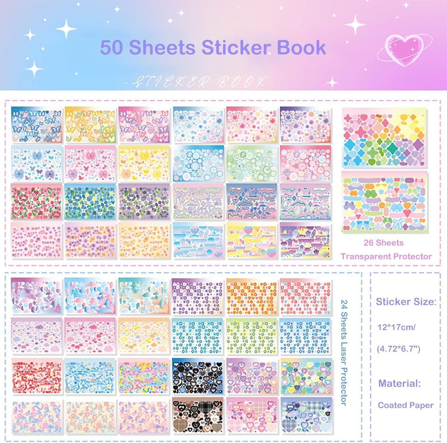 Doraking 50 Sheets Sticker Book, Self Adhesive Laser Love Cute Stickers for Arts Craft Greeting Cards Scrapbook Home Decoration DIY Deco Stickers(B)