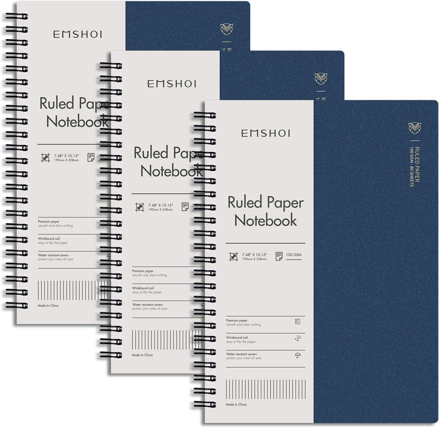 EMSHOI Lined Journal Spiral Notebook 7.48" x 10.15" - 3 Pack 480 Pages 100gsm Thick Paper, B5 Large Notebooks College Ruled, Plastic Hardcover Journals for Writing Women Men Work School Supplies