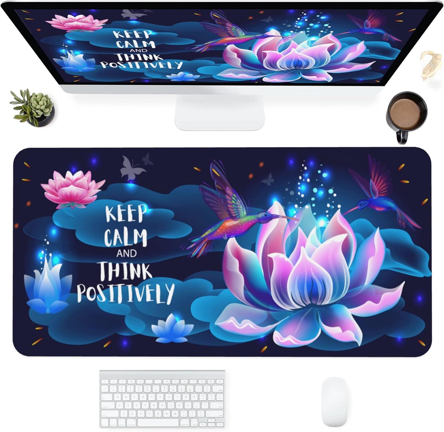 Desk Mat,Hummingbirds and Lotus Extended Gaming Mouse Pad for Office Work & Game,Computer Keyboard Mouse Mat Desk Non-Slip Rubber Base Large Mousepad with Stitched Edges, 31.5x15.7inch