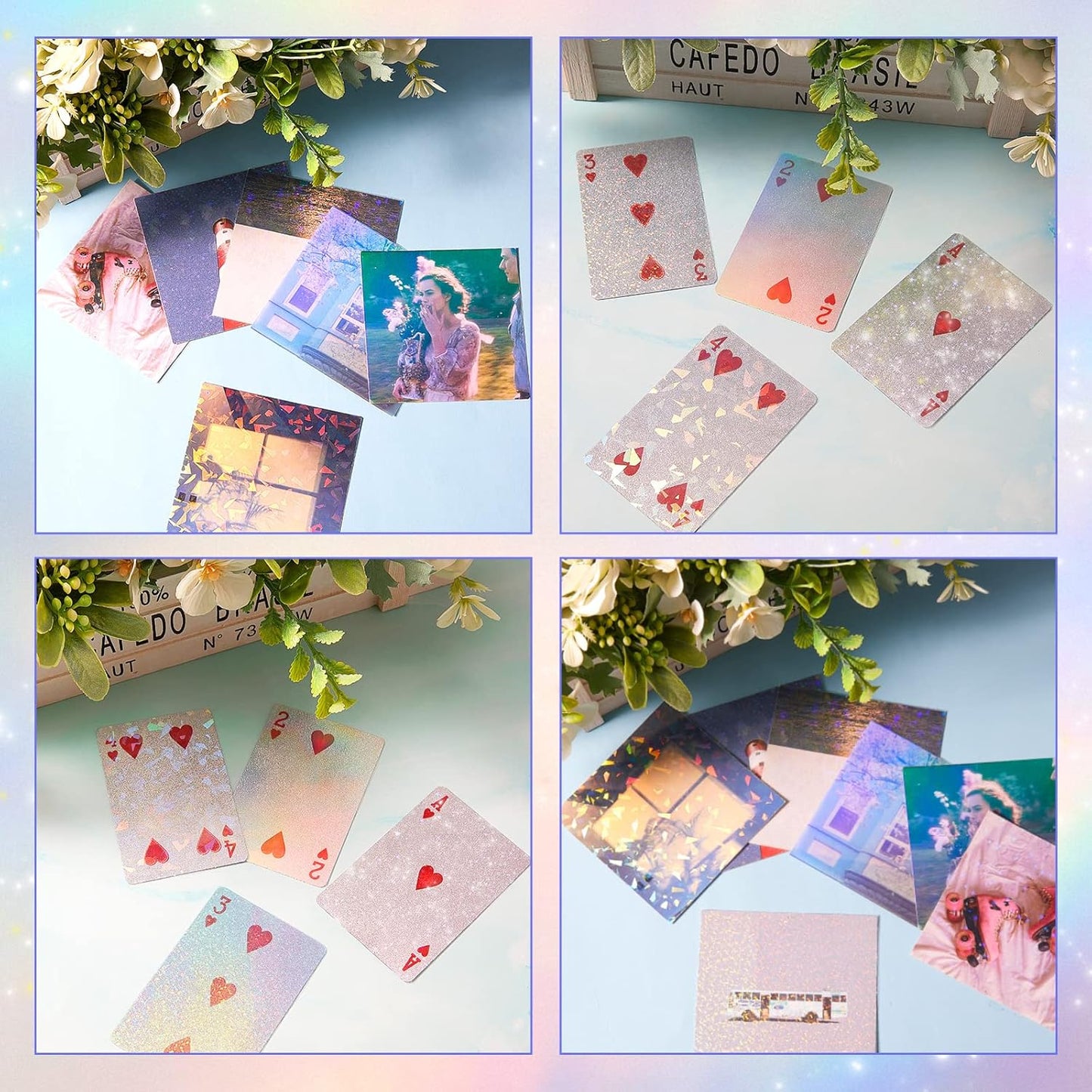 60 Sheets Holographic Laminate Sheets Clear Glitter A4 Size Vinyl Sticker Paper Holographic Overlay Self Adhesive Waterproof Film, 11.7 x 8.3 Inch (Gem, Rainbow, Spot, Star, Sand Star, Wind Mill)