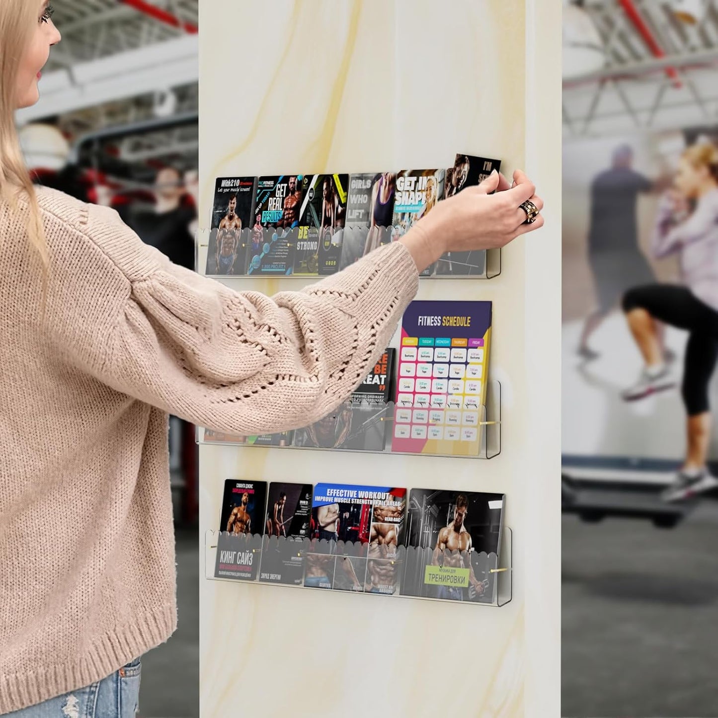 Brochure Holder Wall Mount, 2 Pack Acrylic Modular Flyer with Adjustable Magnetic Golden Bolt, Wavy Lace Pamphlet Display Stand for Organizer Trifold Flyer, Document, Leaflet, 6 Slots