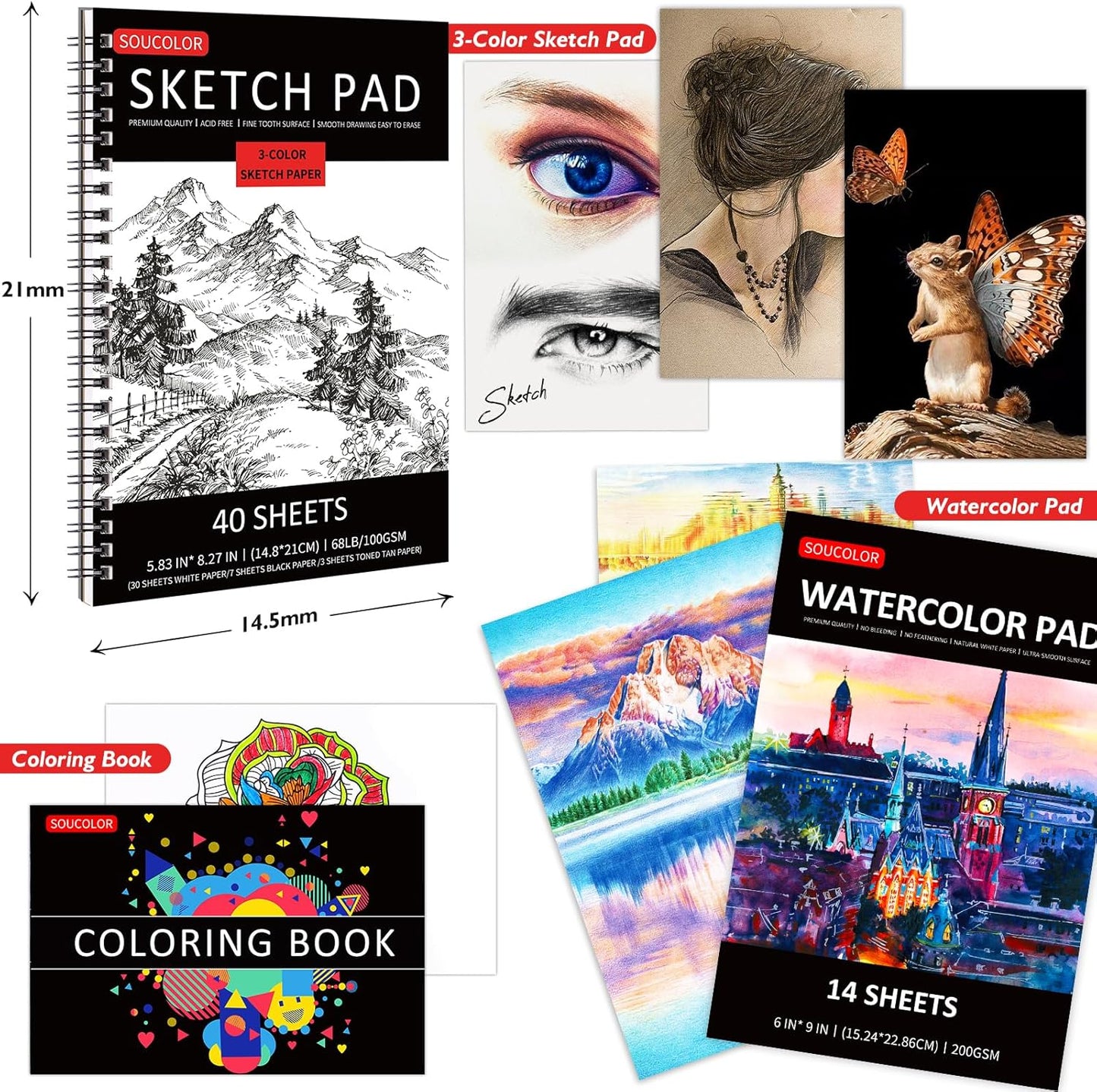Soucolor 76 Pack Drawing Set Sketching Pencils Kit with 3-Color Sketch Book, Watercolor Pad, Coloring Book, Colored, Graphite, Charcoal, Watercolor, Metallic Pencils for Artists Adults Teens Beginner