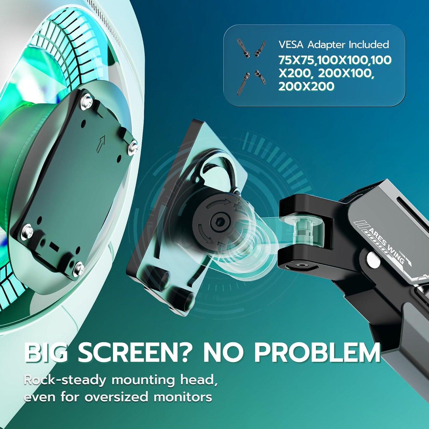 ARES WING Heavy Duty Ultrawide Monitor Arm - Gas Spring Aluminum Monitor Mount with USB for 24"-57" Curved Screens up to 66 lbs with Clamp/Grommet Desk Mount, 75/100/200 Vesa Mount, Black