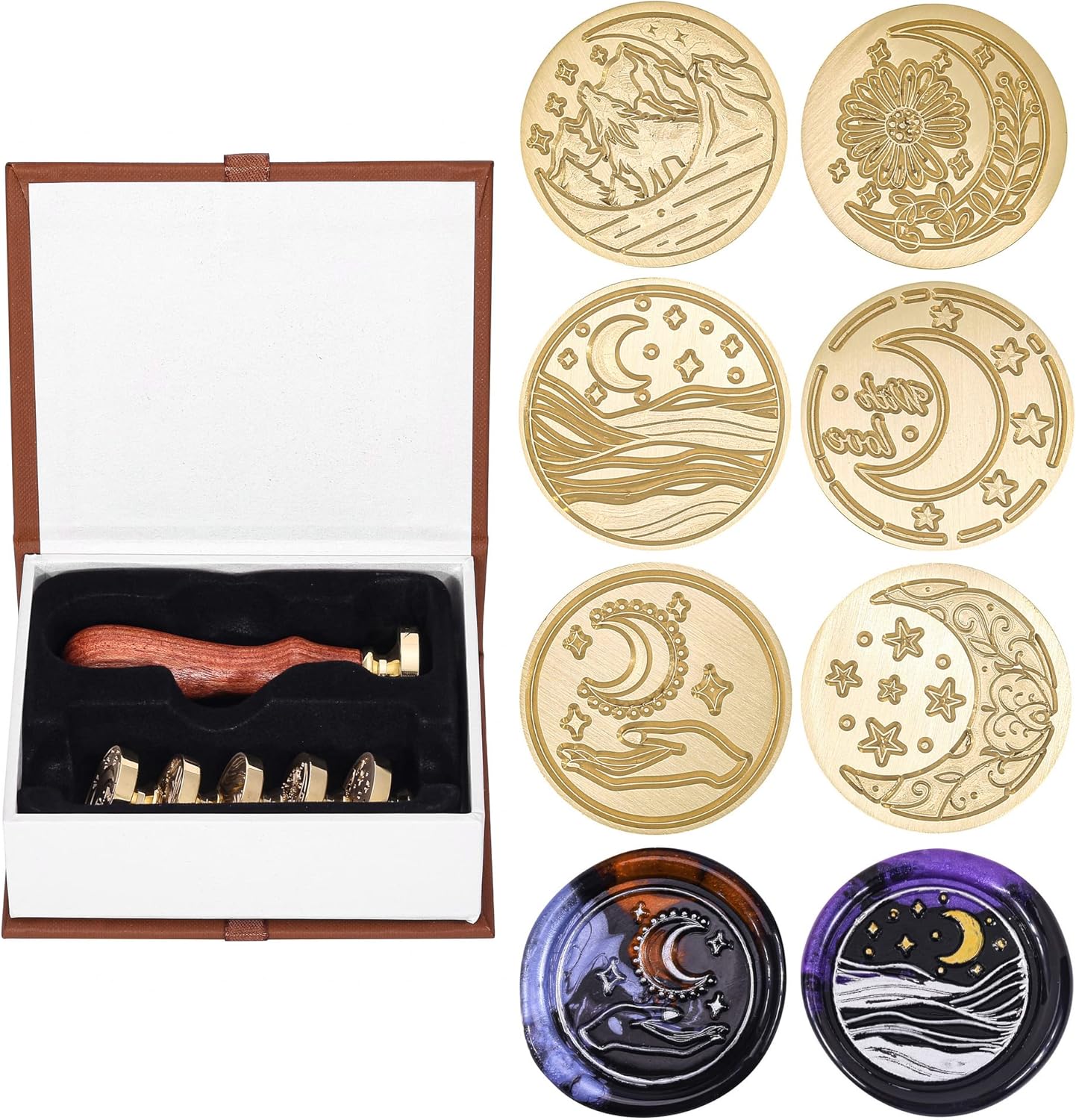 Yoption 6 Pieces Moon Series Wax Seal Stamp Set, Vintage Sealing Wax Stamp Heads + 1 Wooden Handle with Gift Box for Wedding Invitation, Christmas, Gift Idea