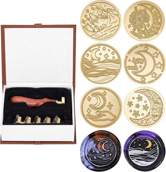 Yoption 6 Pieces Moon Series Wax Seal Stamp Set, Vintage Sealing Wax Stamp Heads + 1 Wooden Handle with Gift Box for Wedding Invitation, Christmas, Gift Idea