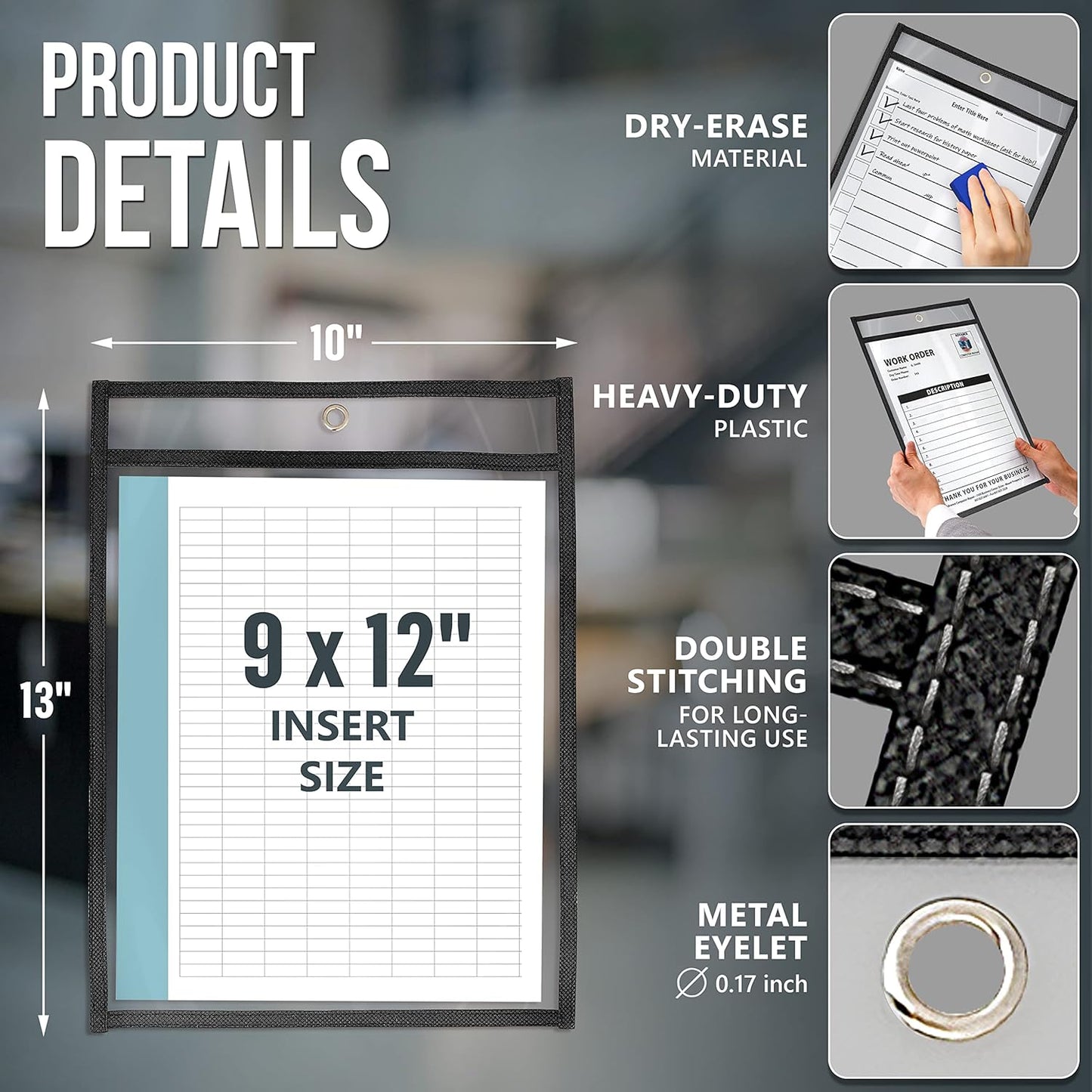 10 Pack Job Ticket Holders 9x12 - Reusable Dry Erase Pocket Sleeves for Shop, Office & Classroom - Clear Work Order Plastic Sleeves & Shop Ticket Holders with Hanging Eyelet