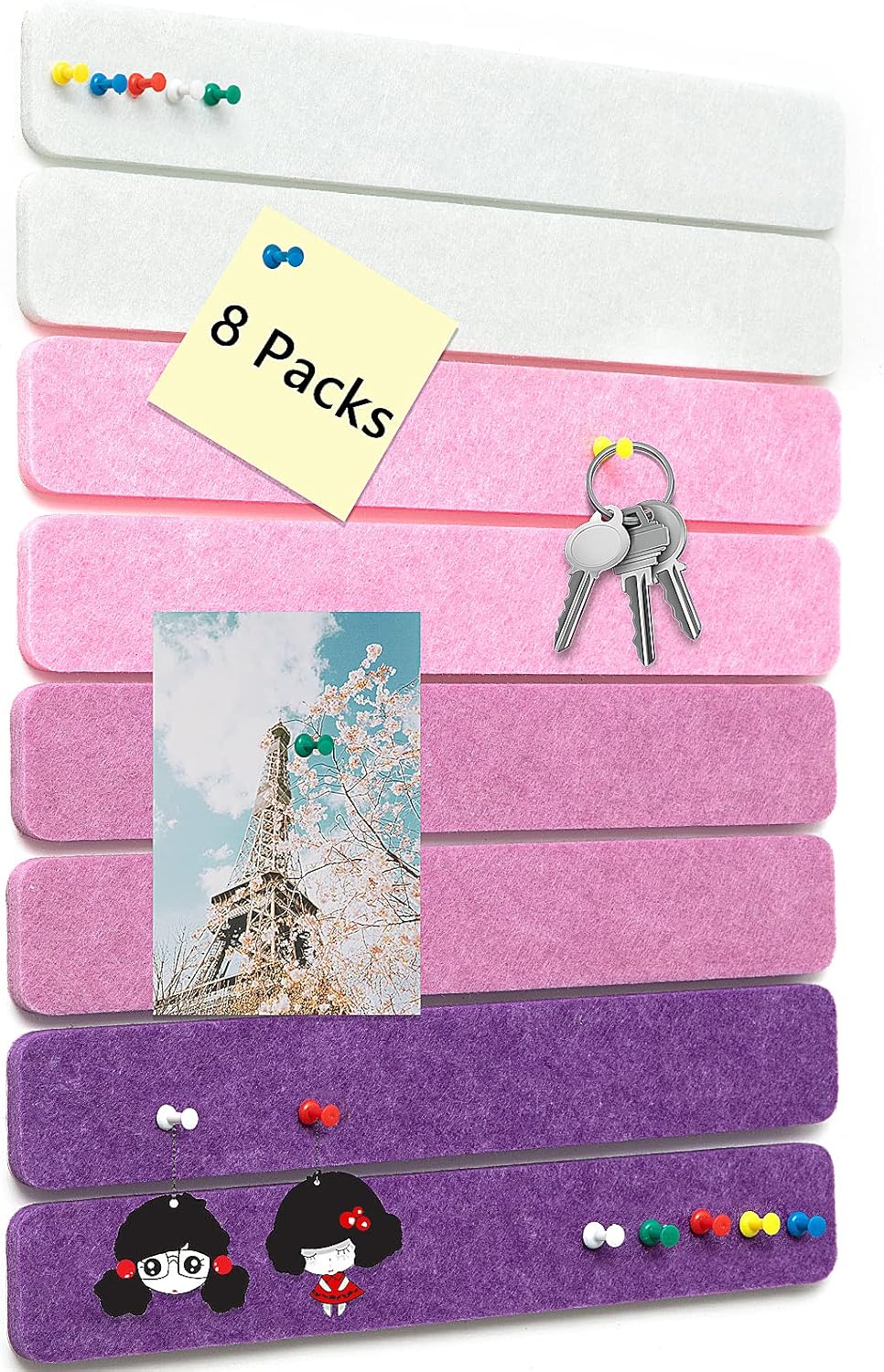 Felt Pin Board Bar Strips Bulletin Board for Bedrooms Offices Home Wall Decoration, Notice Board Self Adhesive Cork Board with 35 Push Pins for Paste Notes, Photos, Schedules (Multi- Purple)
