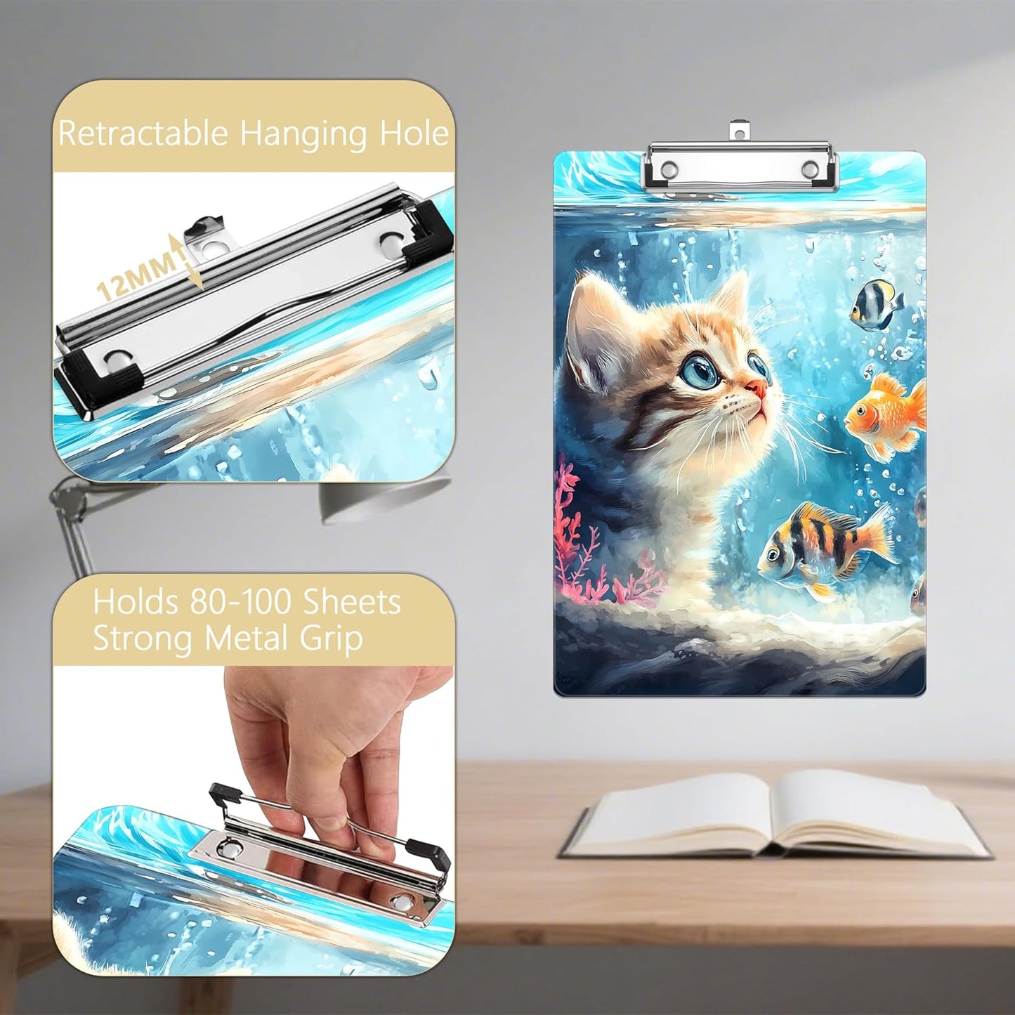 Cat Watching Fish Plastic Clipboards,Decorative Plastic Acrylic Clipboard for Teacher Social Worker Students Office Supplies 8 * 12