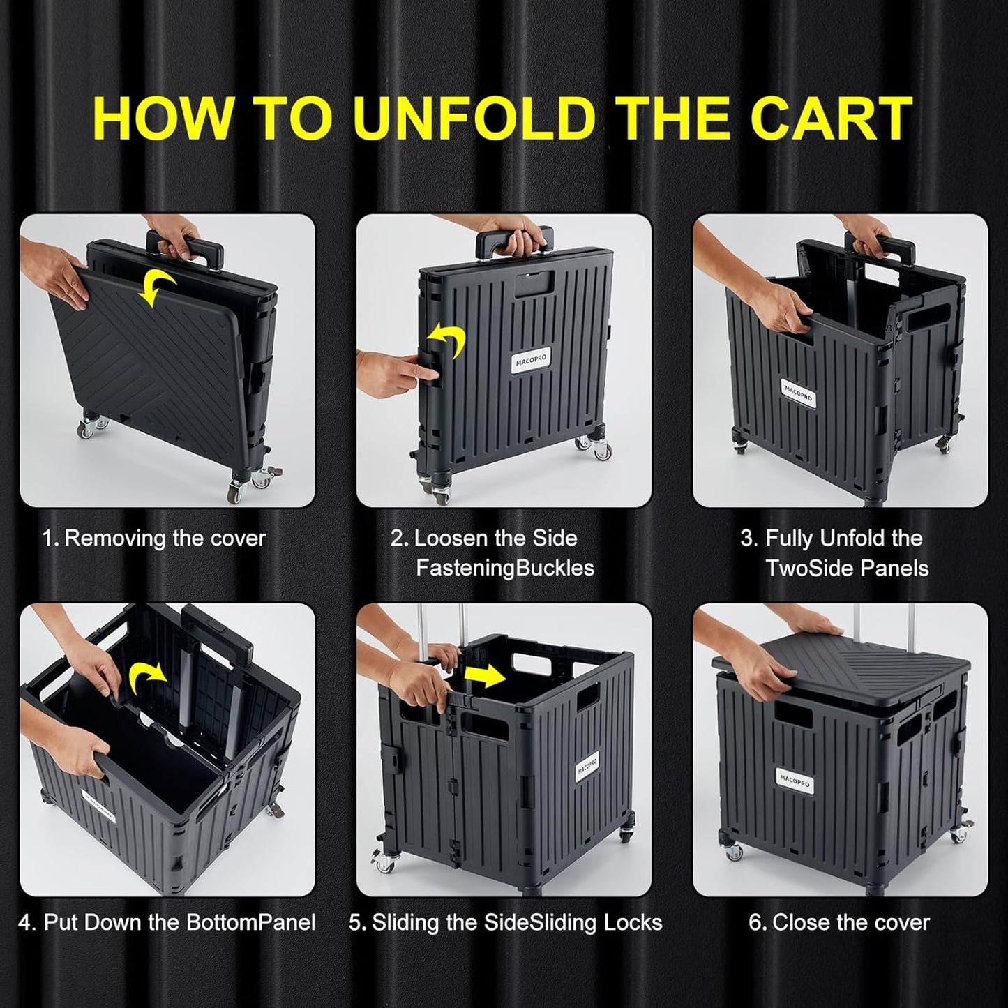 Folding Utility Cart Portable Rolling Crate Handcart Shopping Trolley Collapsible Tool Box, with Lid, Basket on 4 Rotate Wheels, for Grocery, Office, Luggage, Teacher (Black)