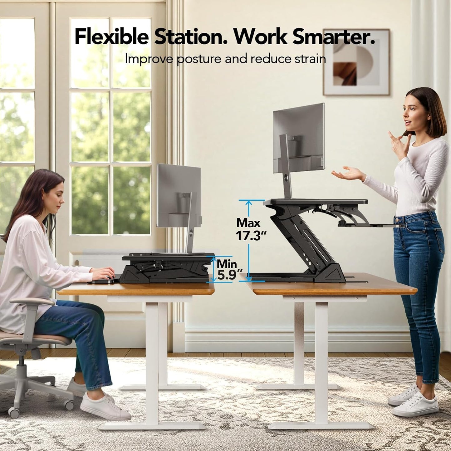 HUANUO 36" Z Shaped Stable Electric Standing Desk Converter, Height Adjustable Sit Stand Up Desk Riser, Dual Monitor and Laptop Workstation with Wide Keyboard Tray, Desk Lifter for Home Office
