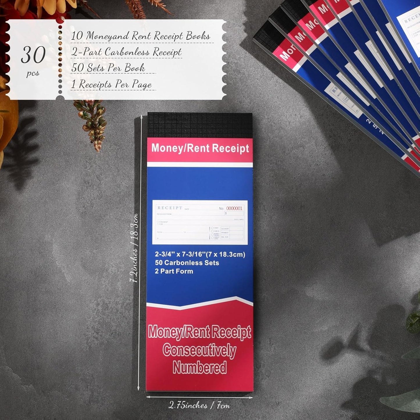 Crtiin 30 Pads Money and Rent Receipt Book 2.75 x 7.2 Inch Bound Cover 2 Part Carbonless Receipt Book with Carbonless Copies Receipt Log Book 50 Sets Per Book