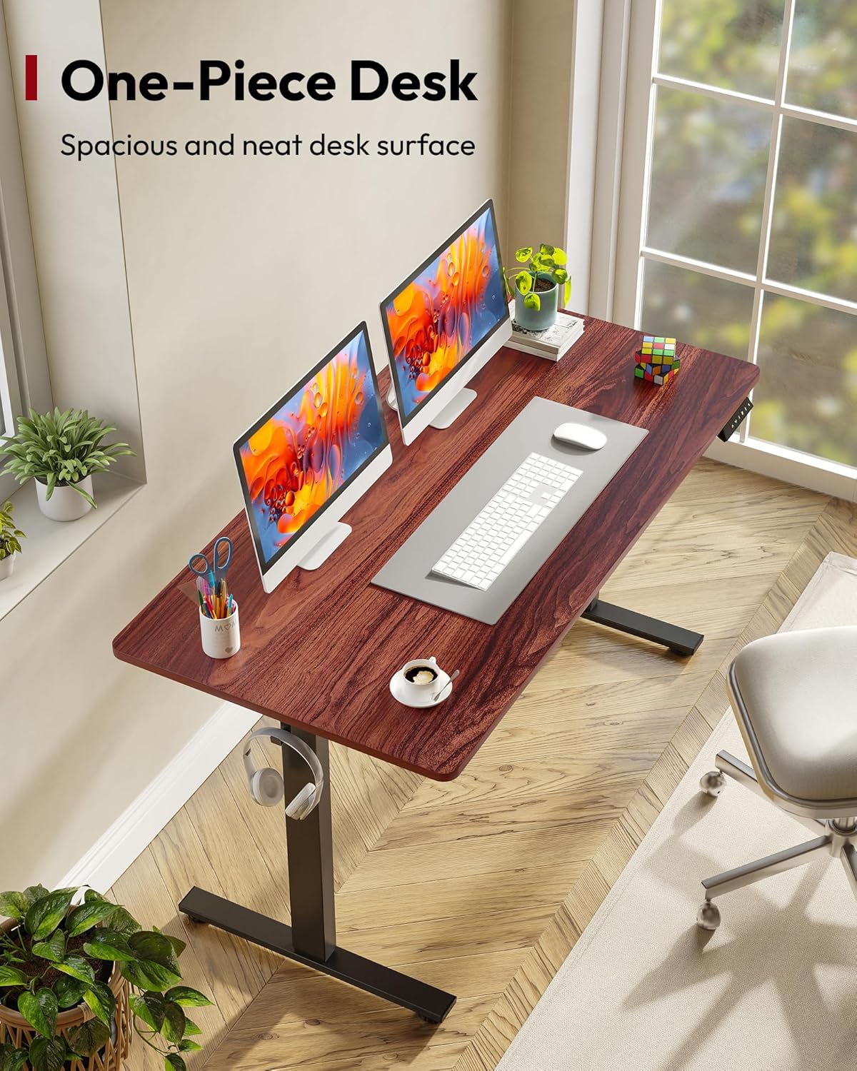 SANODESK Electric Standing Desk 55 x 28 Inches Whole-Piece Desktop Height Adjustable Stand Up Desk w/6-Button Controller Ergonomic Computer Desk for Home Office, Black Frame + Mahogany Tabletop