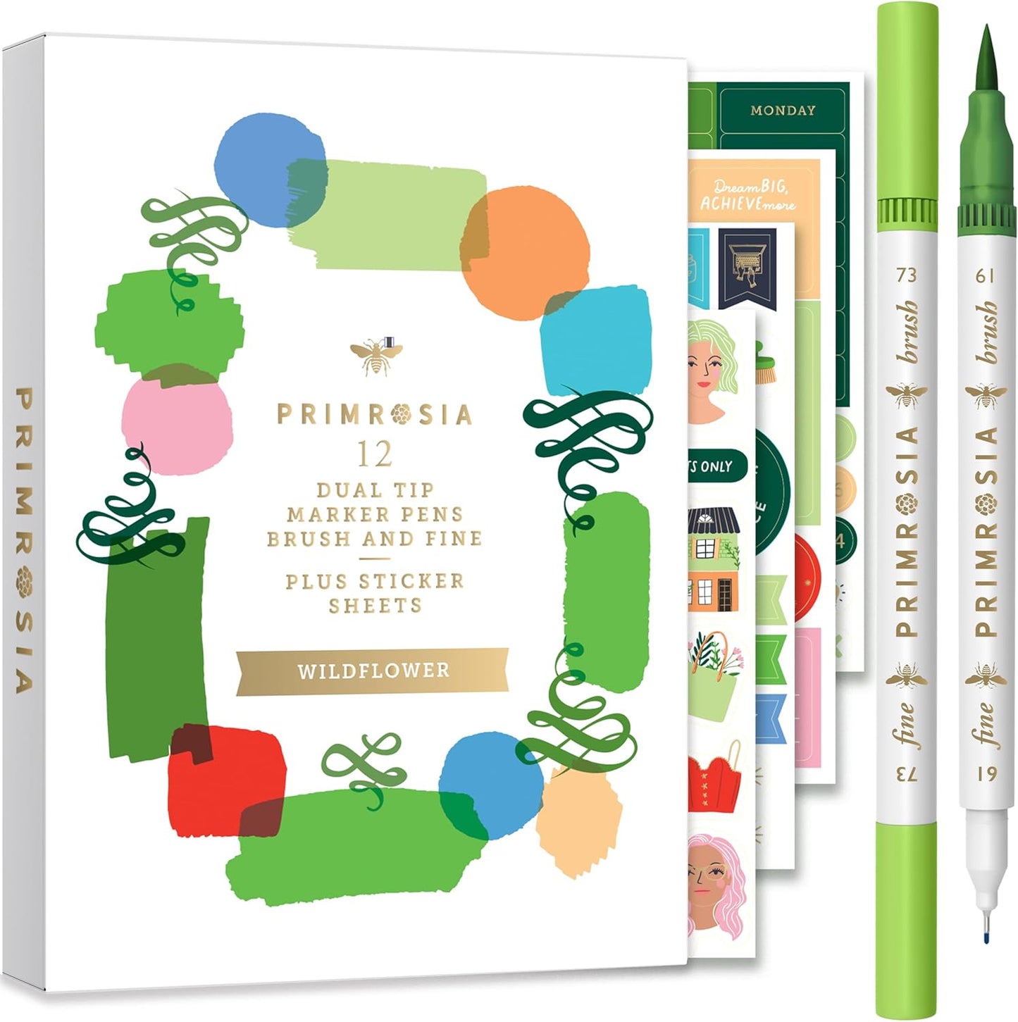 Primrosia 12 Dual Tip Watercolor Marker Pens - Fine Tip & Brush Tips, Professional Quality, 4 x Sticker Sheets, Blendable, Non-Toxic, Perfect for Calligraphy, Drawing & Coloring. (Wildflower)