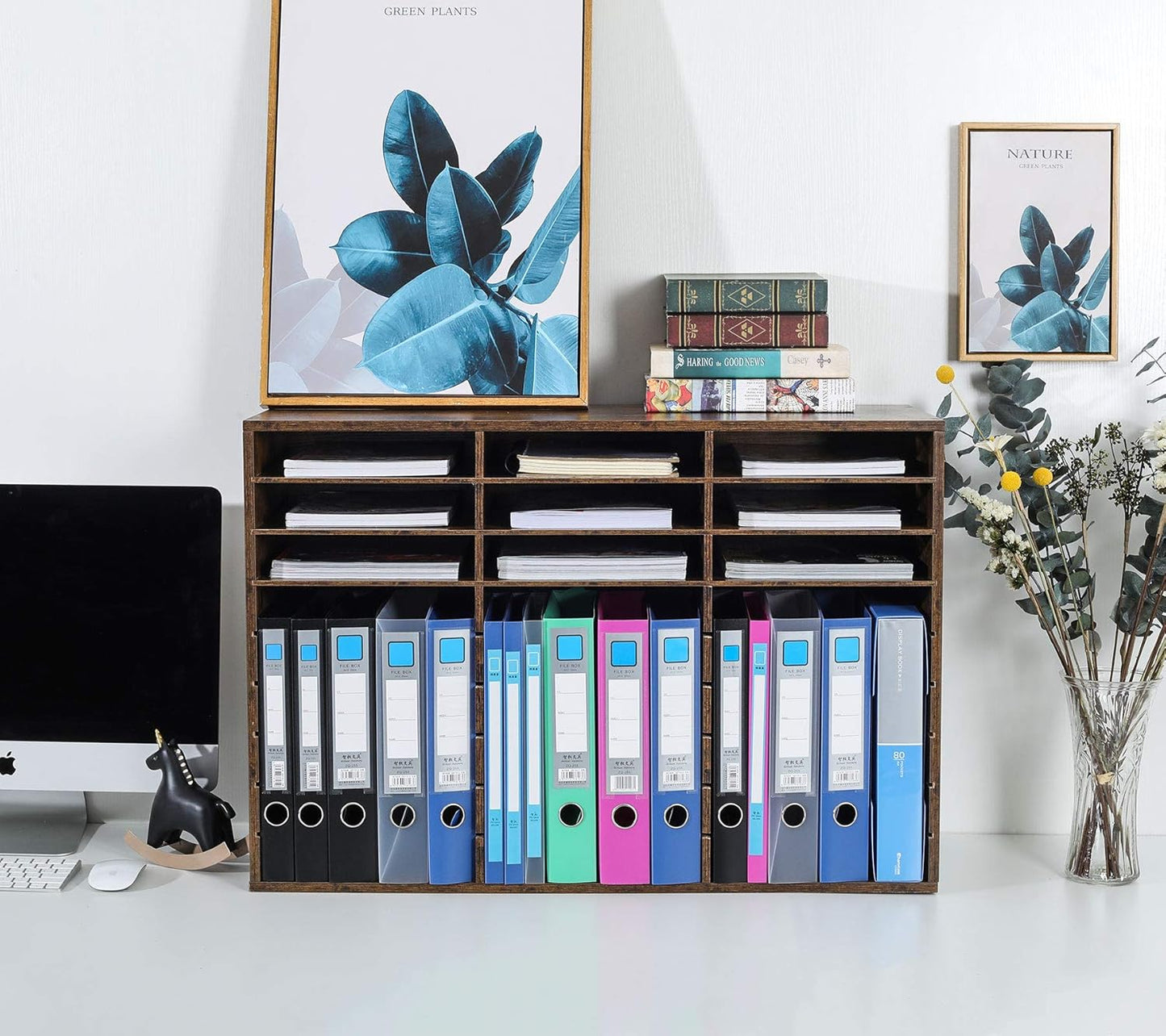 TQVAI Wood Adjustable Literature Organizer Desktop File Sorter Mail Center Paper Storage Cabinet Home & Office Mailbox School Classroom Keepers, 27 Slots Compartments, Archaize