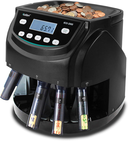 Kolibri KCS-2000 Professional USD Coin Counter Machine, Coin Sorter, Wrapper/Roller | 300 Coins/min, LED Display, Batch Feature | USD Change Counter (USA Tech Support)