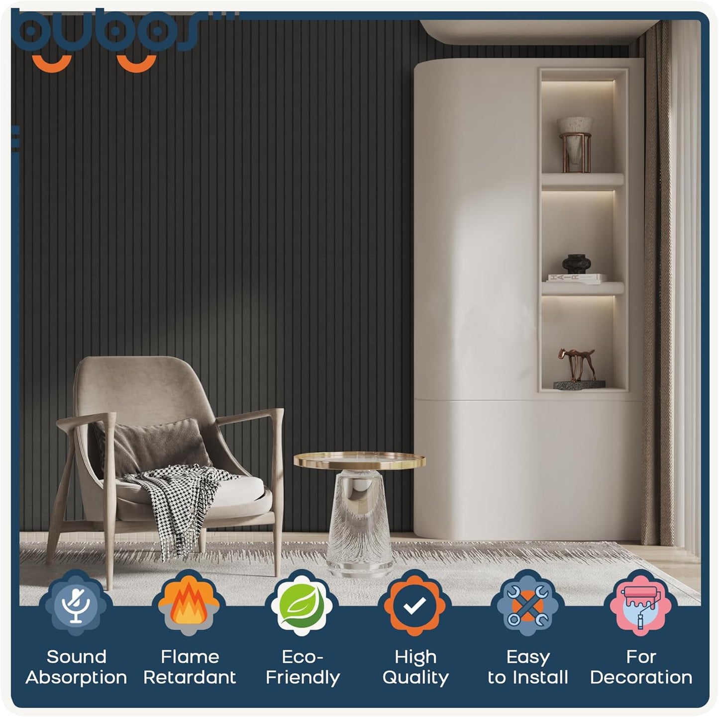 BUBOS 6 Pack Large Acoustic Panels,48x12Inch SoundProof Panels for Walls,Self Adhesive Acoustic Wall Panels,Decorative Sound Panels for Home Studio Office (Black 01)