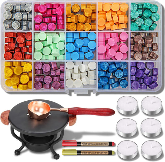 YIPLED Sealing Wax Kit, 310 Pcs With Beads, 2 Pens, Warmer, Stamp Spoon and Candles for Letter Sealing, Envelopes, Custom Invitations - 15 Colors