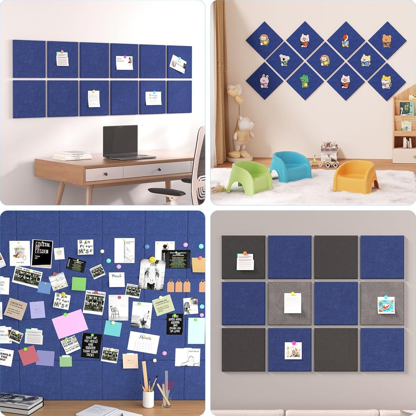 Large Cork Boards for Walls – 48 x 36 Self Adhesive Felt Wall Tiles, Ideal for Office Black Bulletin Board, Easy to Install Pin Board Photo Board