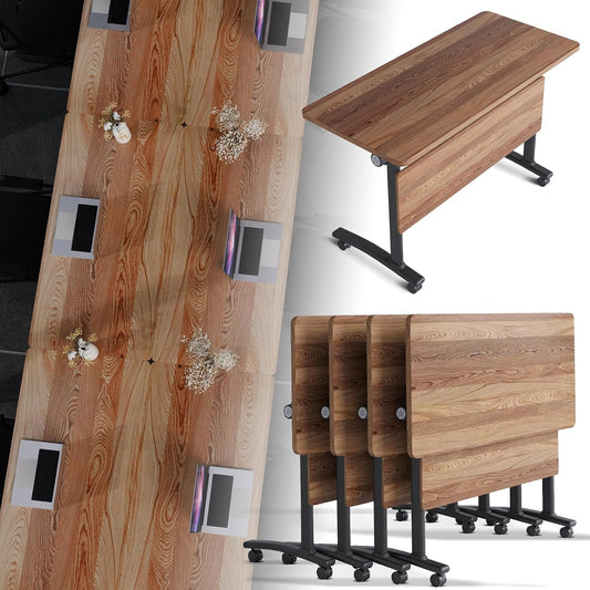 Folding Conference Room Table, Modern Conference Tables with Silent Wheels, Large Rectangular Mobile Training Tables for Office Classroom, Foldable Modular Boardroom Seminar Table (4pack L47.2in)