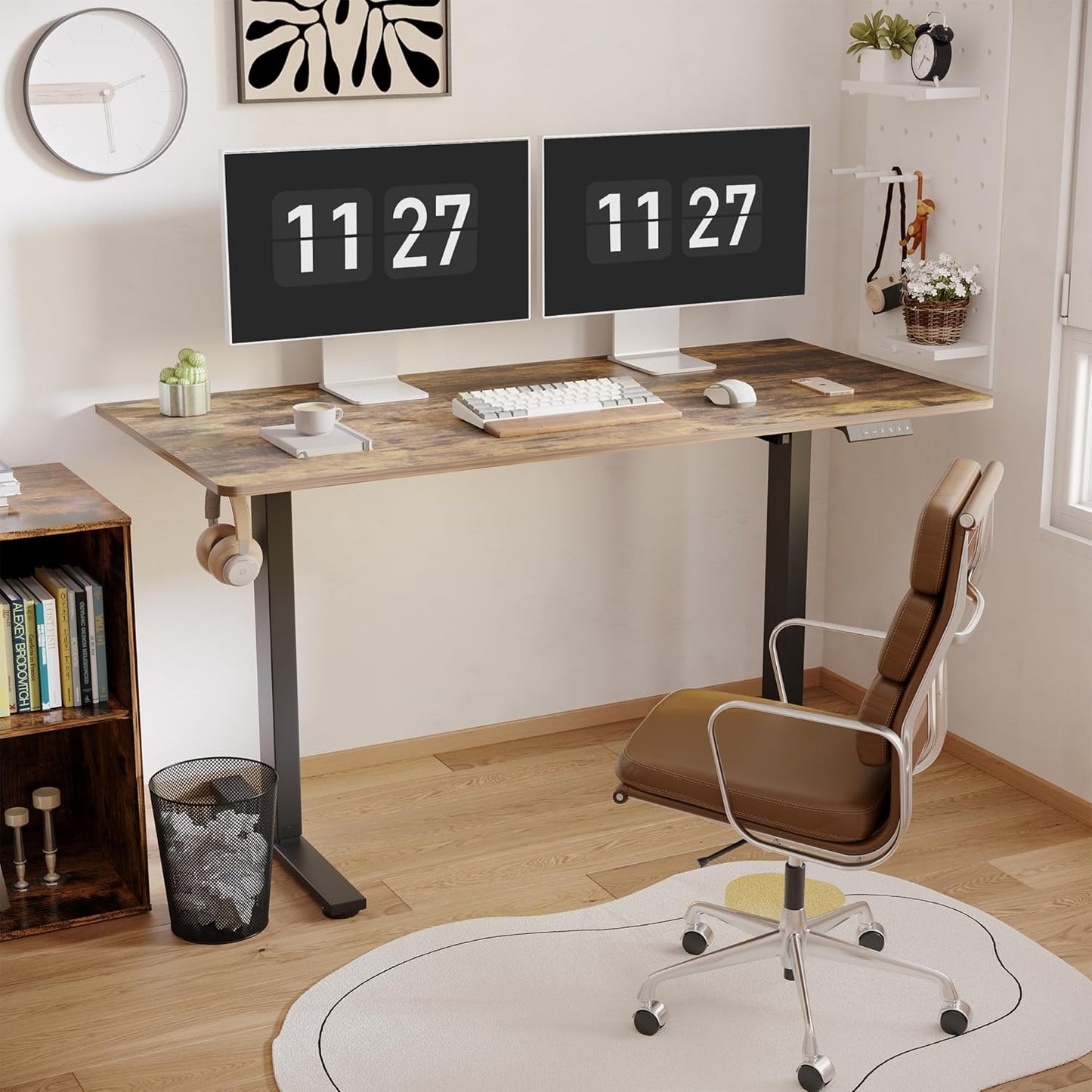 FLEXISPOT One-Piece Electric Standing Desk, 55 x 28 Inches Adjustable Desk with Seamless Desktop, Memory Controller Height Adjustment (Black Frame + Rustic Brown Desktop, 2 Packages)