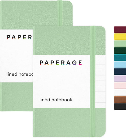 PAPERAGE Lined Pocket Journal Notebook, 2 Pack, (Sage Green), 160 Pages, Small Notebook, 3.6 inches x 5.6 inches - 100 GSM Thick Paper, Hardcover