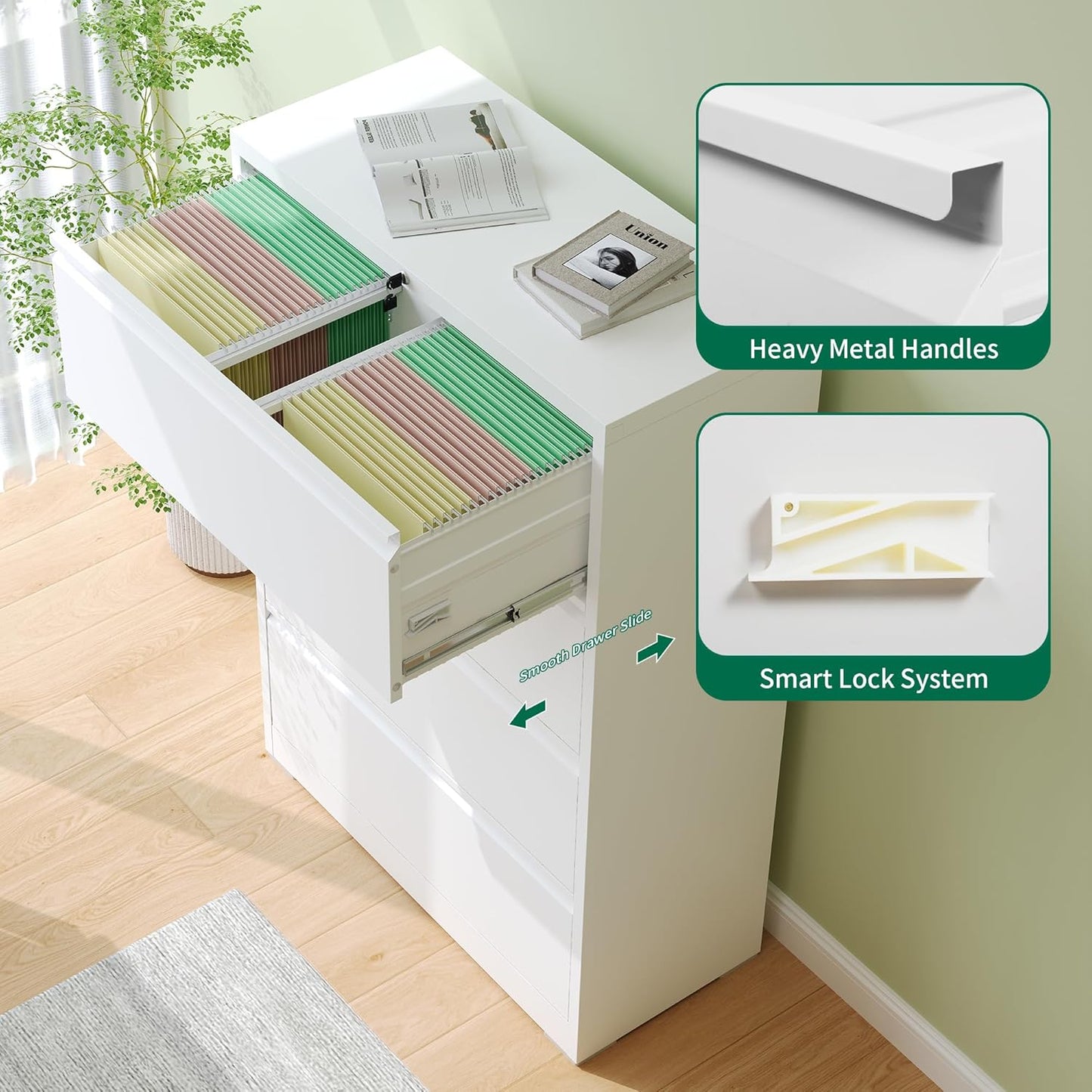 4 Drawer Lateral File Cabinet, Metal Filing Cabinets for Home Office, Steel Storage Wide File Cabinet for Letter/Legal/F4/A4 Size with Hanging Bars, Assembly Required (White)