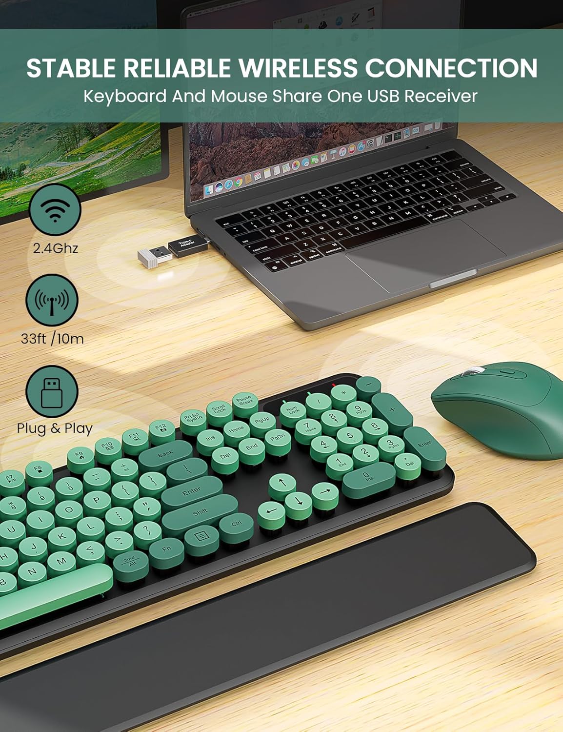 Wireless Keyboard and Mouse Combo - Cute Typewriter Keyboard with Detachable Wrist Rest, Retro Round Keycaps, Foldable Legs, 2.4GHz Keyboards for PC Laptop, Mac, Windows - Trueque (Black and Green)