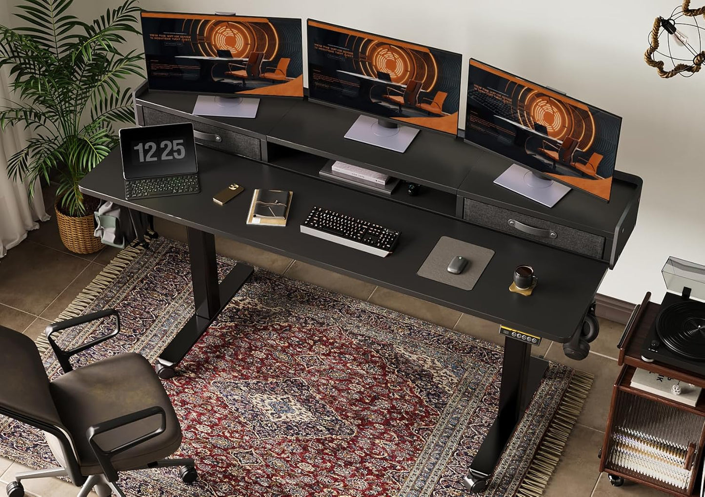 Claiks Standing Desk with Drawers, Adjustable Stand Up Electric Standing Desk Adjustable Height with Storage Shelf and Splice Board, 63 Inch, Black