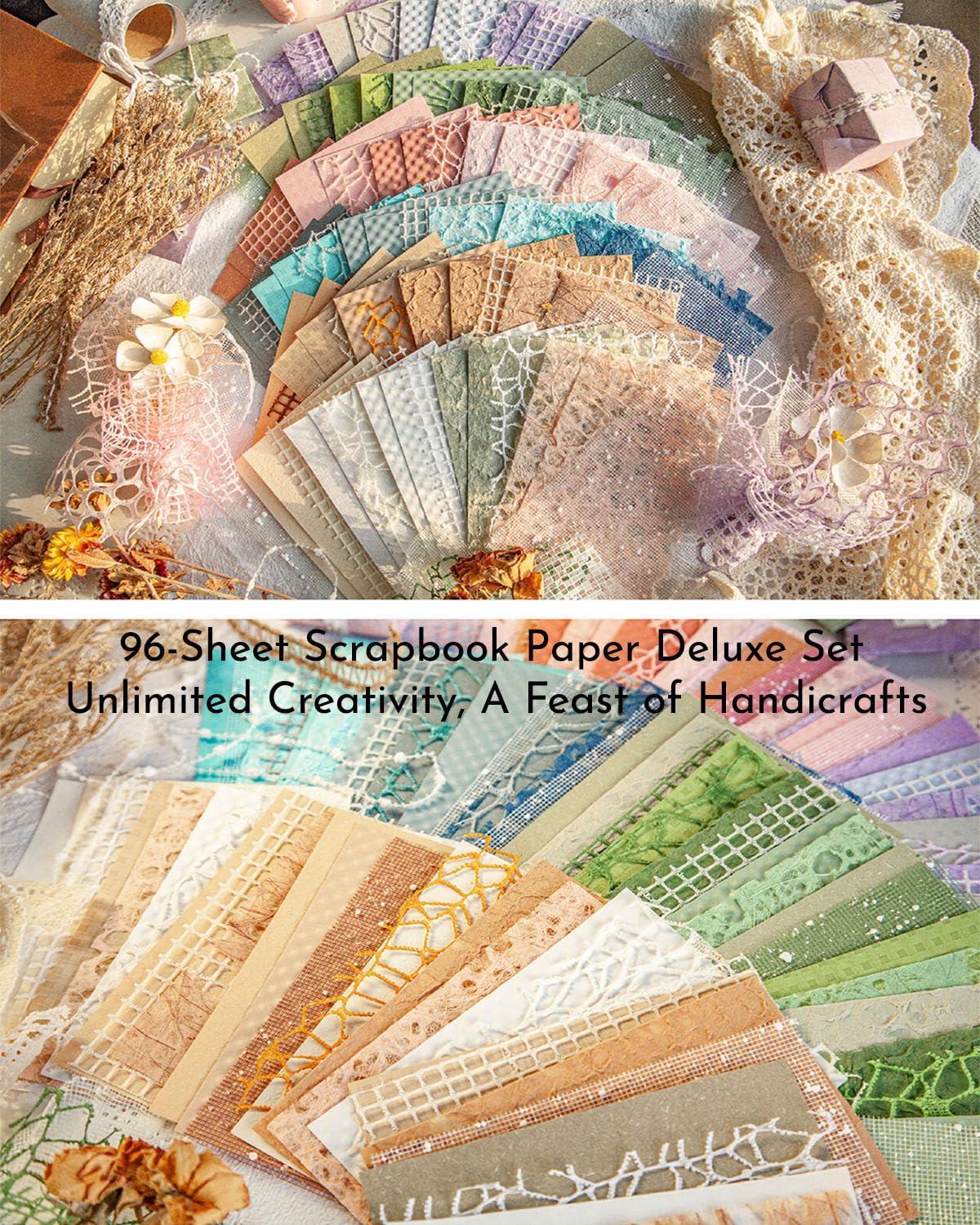96 Sheets Textured Scrapbook Paper and Mesh Fabric Assorted Set,6 Pack Mixed Special Material Colored Paper for Junk Journal,Collage,Scrapbook,Art Diary,Mixed Media,Card Making,DIY Craft