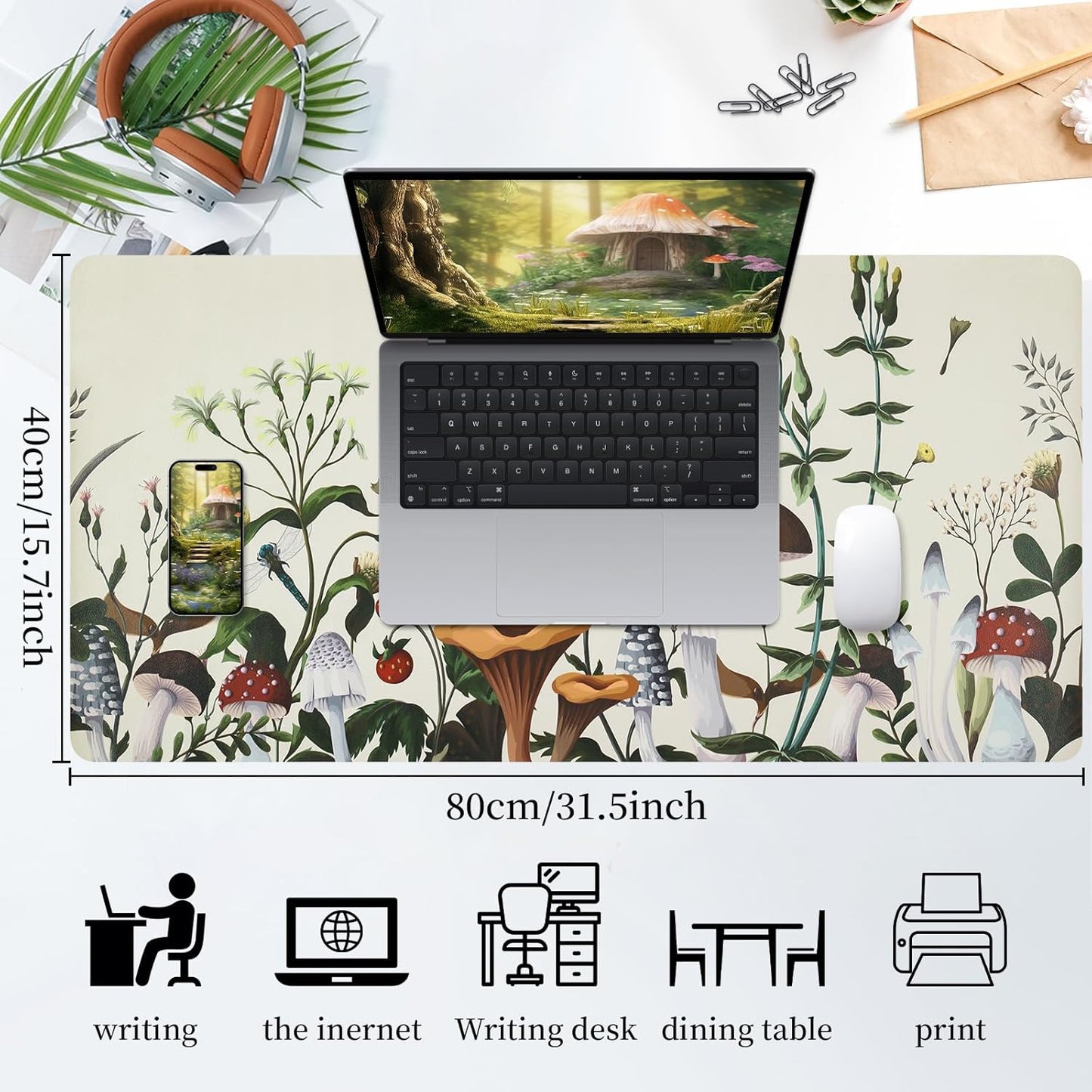 Bloss Plant Mushroom Desks Pad,Large Mouse Pad for Desktop, Leather Floral Desk Mat for Keyboard and Mouse,Waterproof Computer Laptop Desk Protector Mat for Office/Home/Women Gift,White 31.5" x 15.7"