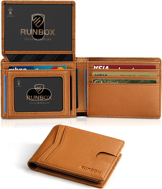 RUNBOX Wallet for Men Slim Rfid Leather 2 ID Window With Gift Box